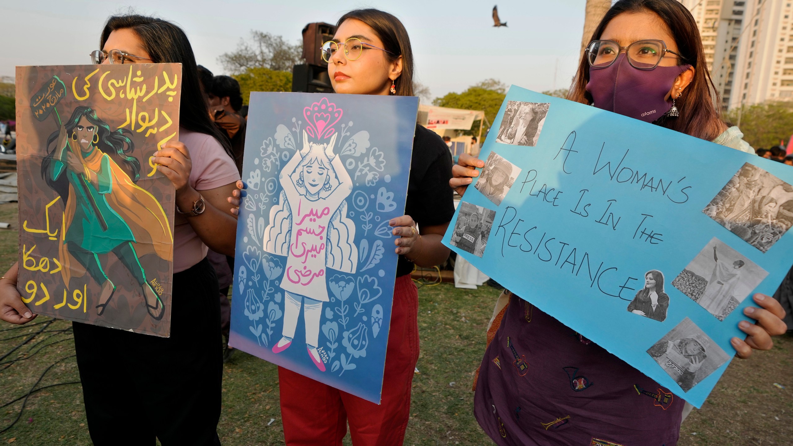 Activists from a socialist-feminist organization take part in a rally to mark International Women's Day, in Karachi, Pakistan, Friday, March 8, 2024. The day officially recognized by the United Nations in 1977, is celebrated around the world on March 8. (AP Photo/Fareed Khan)
