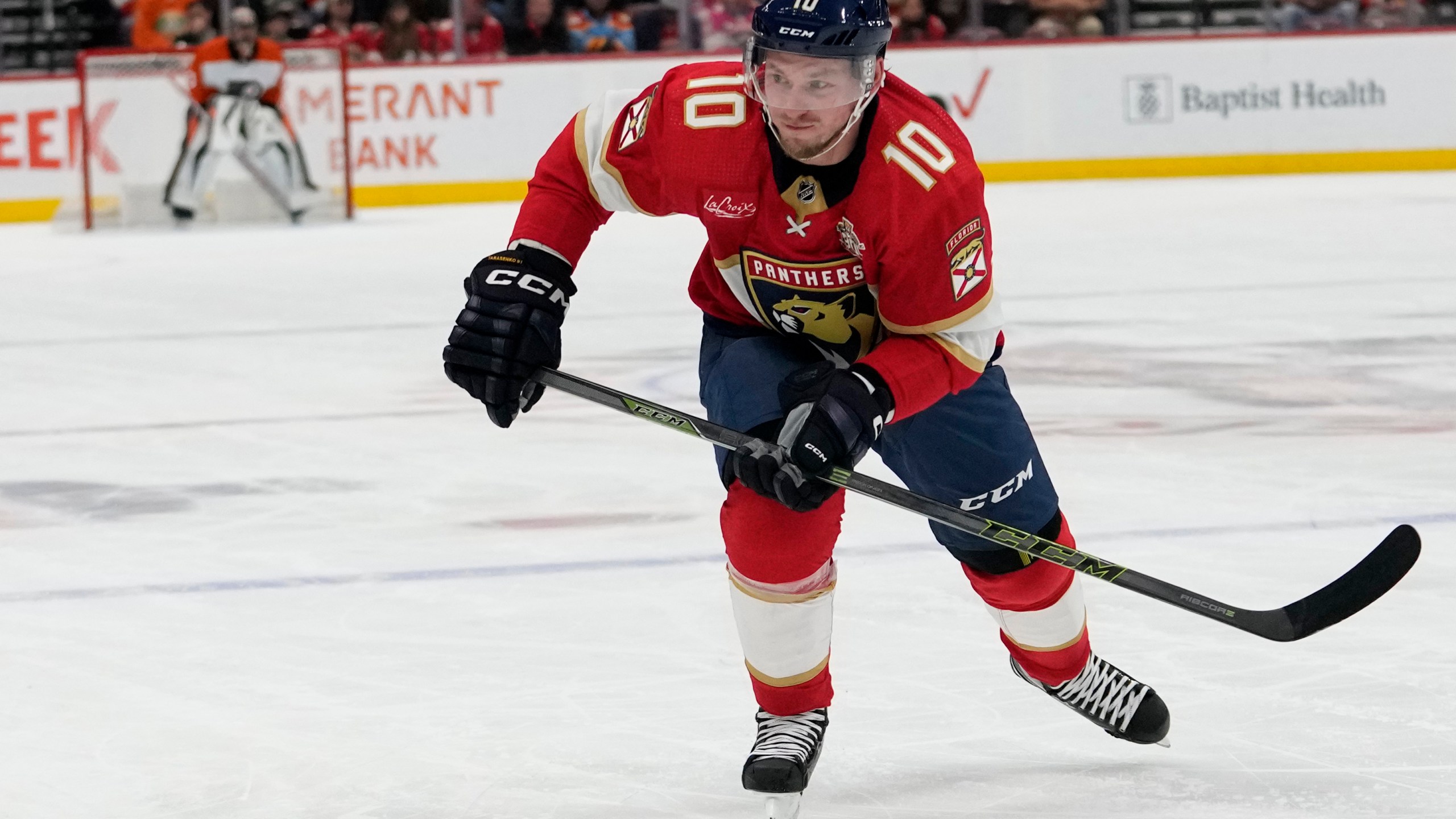 Florida Panthers right wing Vladimir Tarasenko (10) skates on the ice during the first period of an NHL hockey game against the Philadelphia Flyers, Thursday, March 7, 2024, in Sunrise, Fla. (AP Photo/Lynne Sladky)