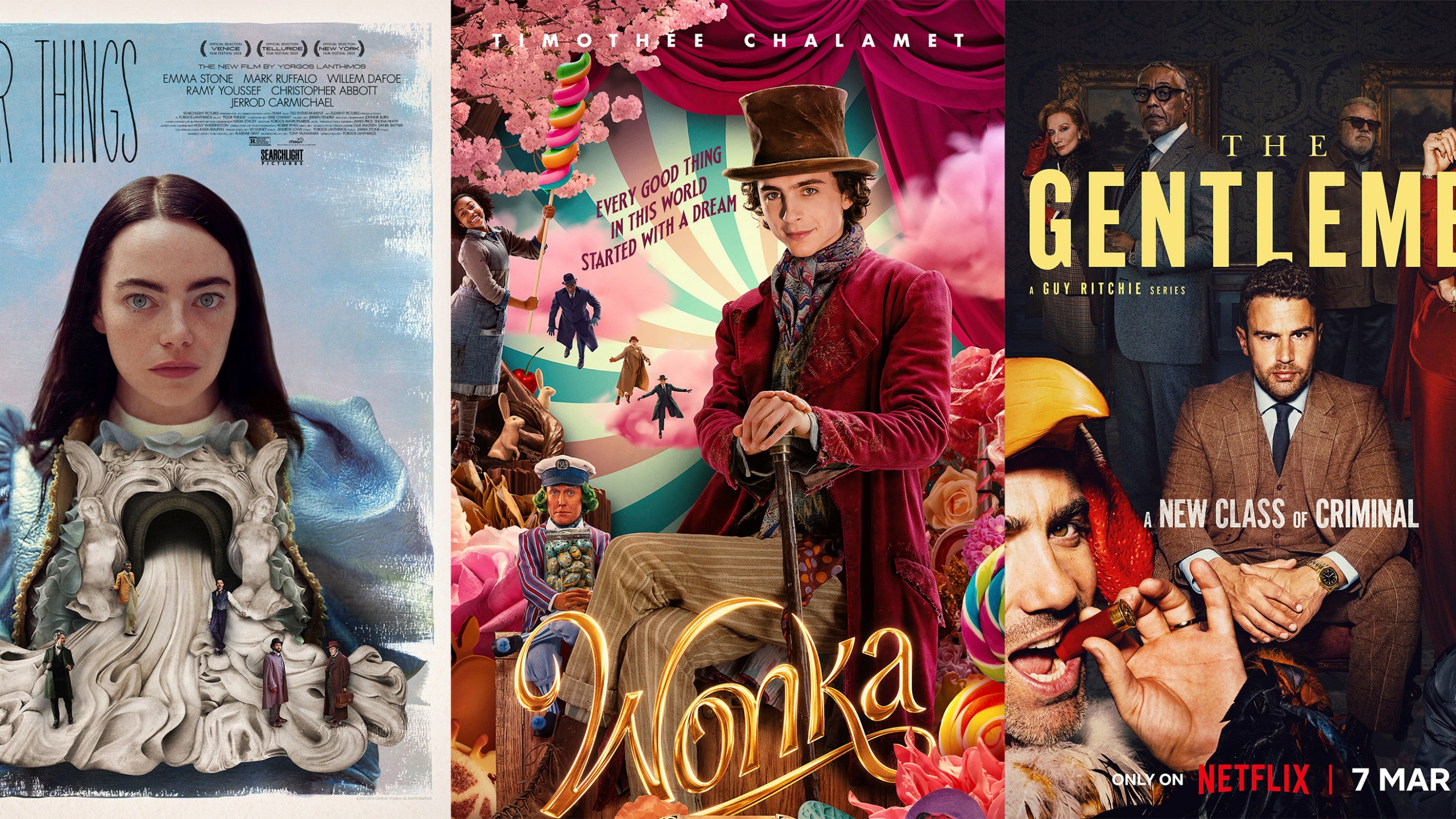 This combination of photos shows promotional art for the films "Poor Things," left, "Wonka," center, and the Netflix series "The Gentlemen." (Searchlight/Warner Bros./Netflix via AP)