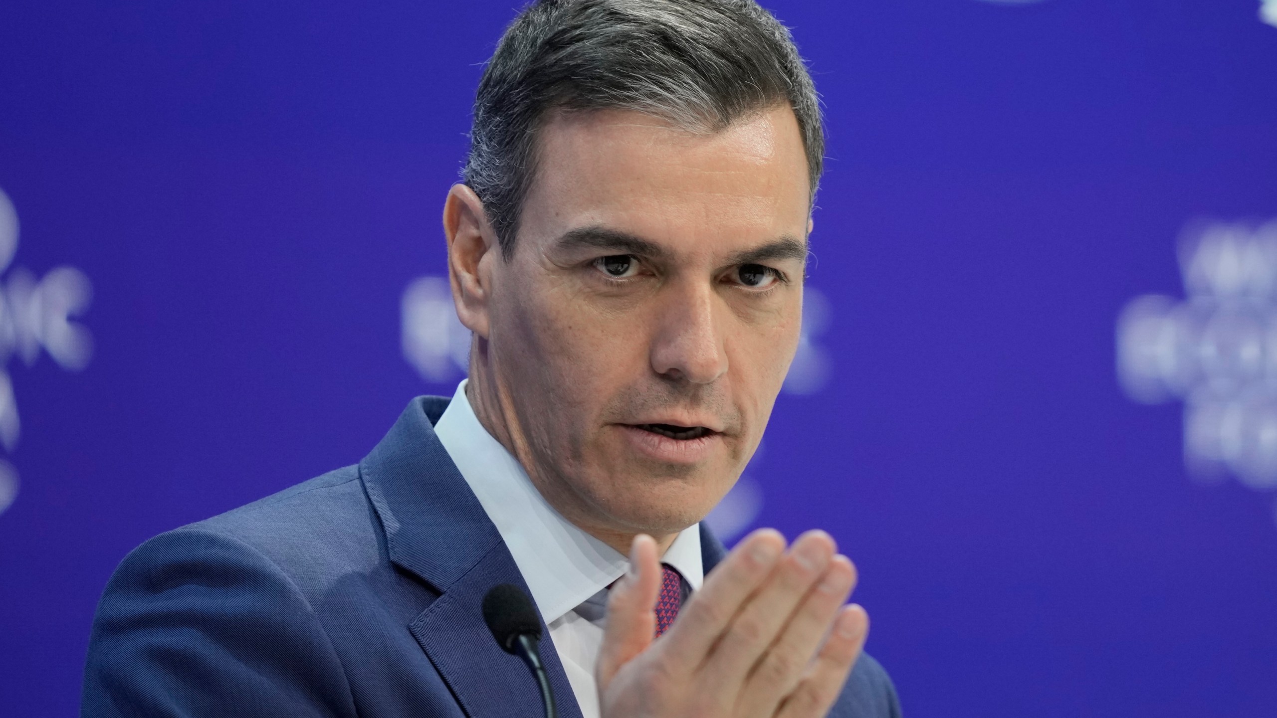 FILE - Pedro Sanchez, Spain's Prime Minister delivers his speech at the Annual Meeting of World Economic Forum in Davos, Switzerland, on Jan. 17, 2024. Sánchez said Saturday March 9, 2024 that he will propose that Spain's parliament recognizes a Palestinian state. (AP Photo/Markus Schreiber, File)