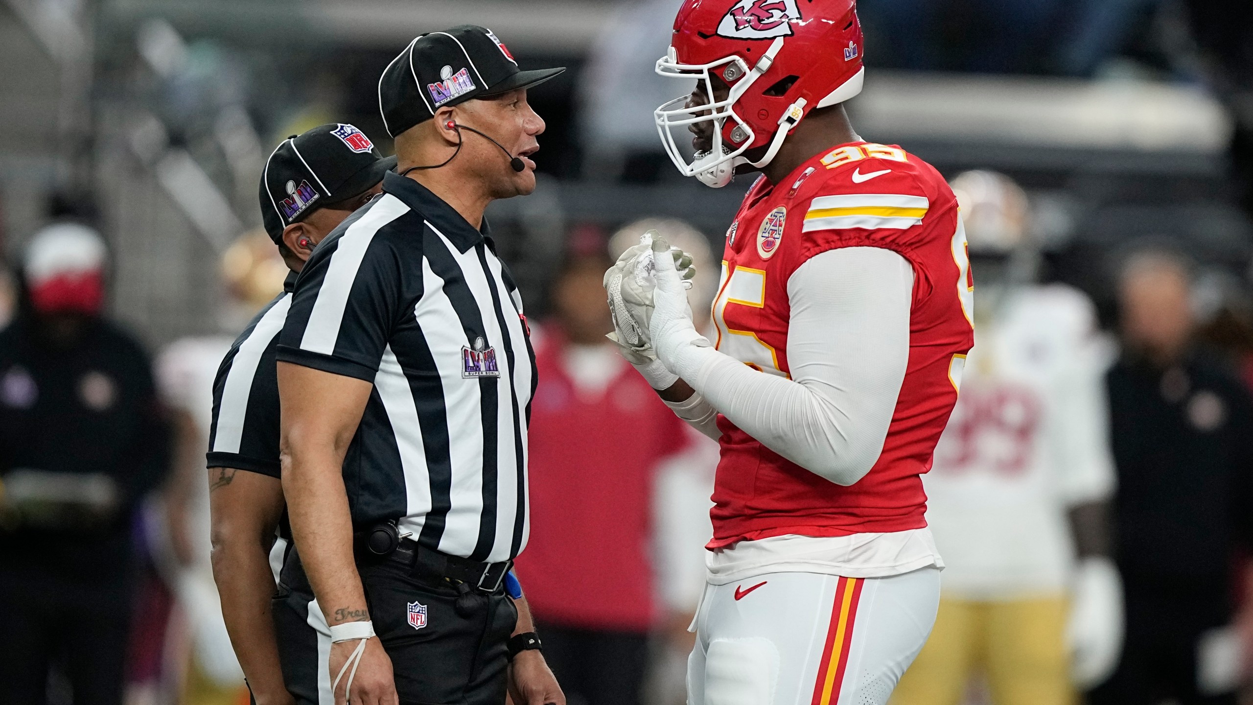 Kansas City Chiefs defensive tackle Chris Jones, right, talks with officials during the first half of the NFL Super Bowl 58 football game against the San Francisco 49ers on Sunday, Feb. 11, 2024, in Las Vegas. (AP Photo/Brynn Anderson)