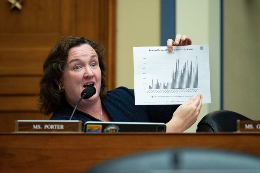 FILE - Rep. Katie Porter, D-Calif., asks questions during a hearing, Feb. 7, 2023, in Washington. Porter built a social media reputation by wielding a white board at congressional hearings, and that helped propelled her campaign for the Senate. But on Super Tuesday, the numbers didn't add up for her in the primary and she'll be out of a job in Washington come January. (AP Photo/Kevin Wolf)