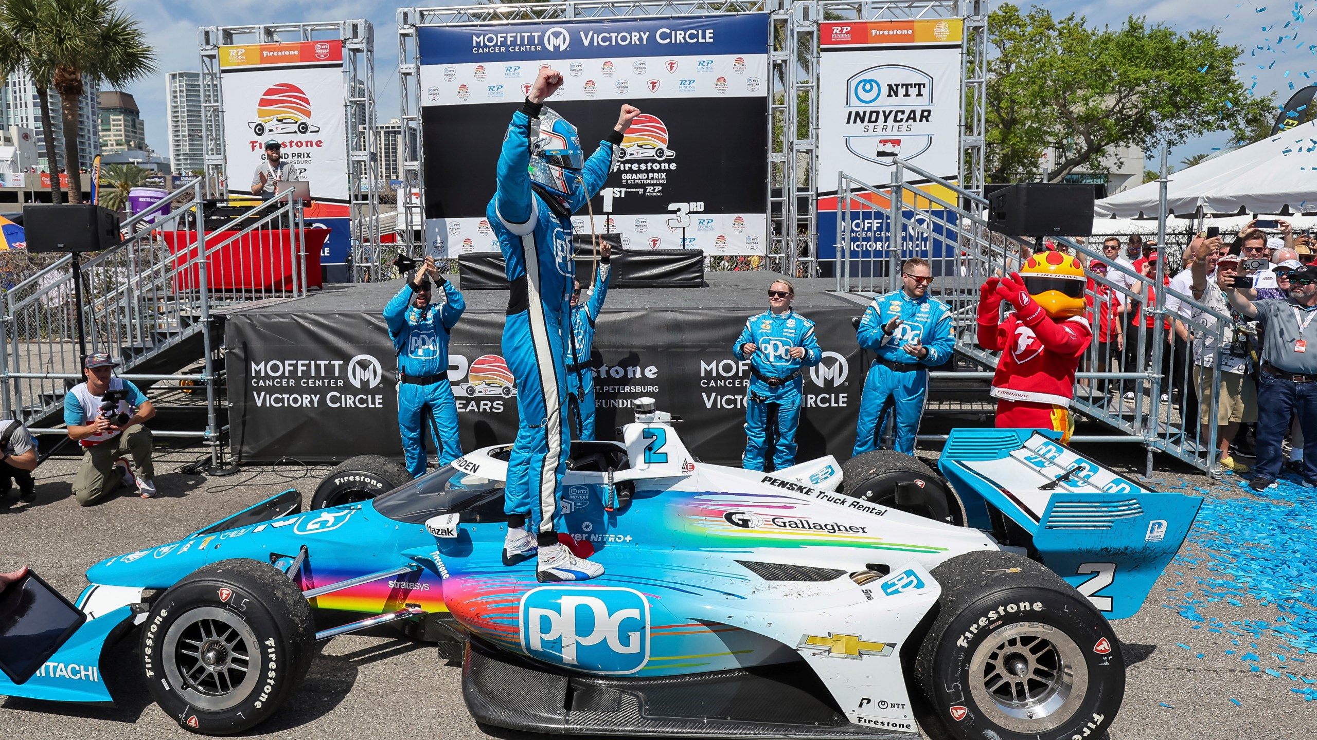 Team Penske driver Josef Newgarden #2 of United States celebrates his win in the IndyCar Firestone Grand Prix of St. Petersburg auto race, Sunday March 10, 2024, in St. Petersburg, Fla. (AP Photo/Mike Carlson)