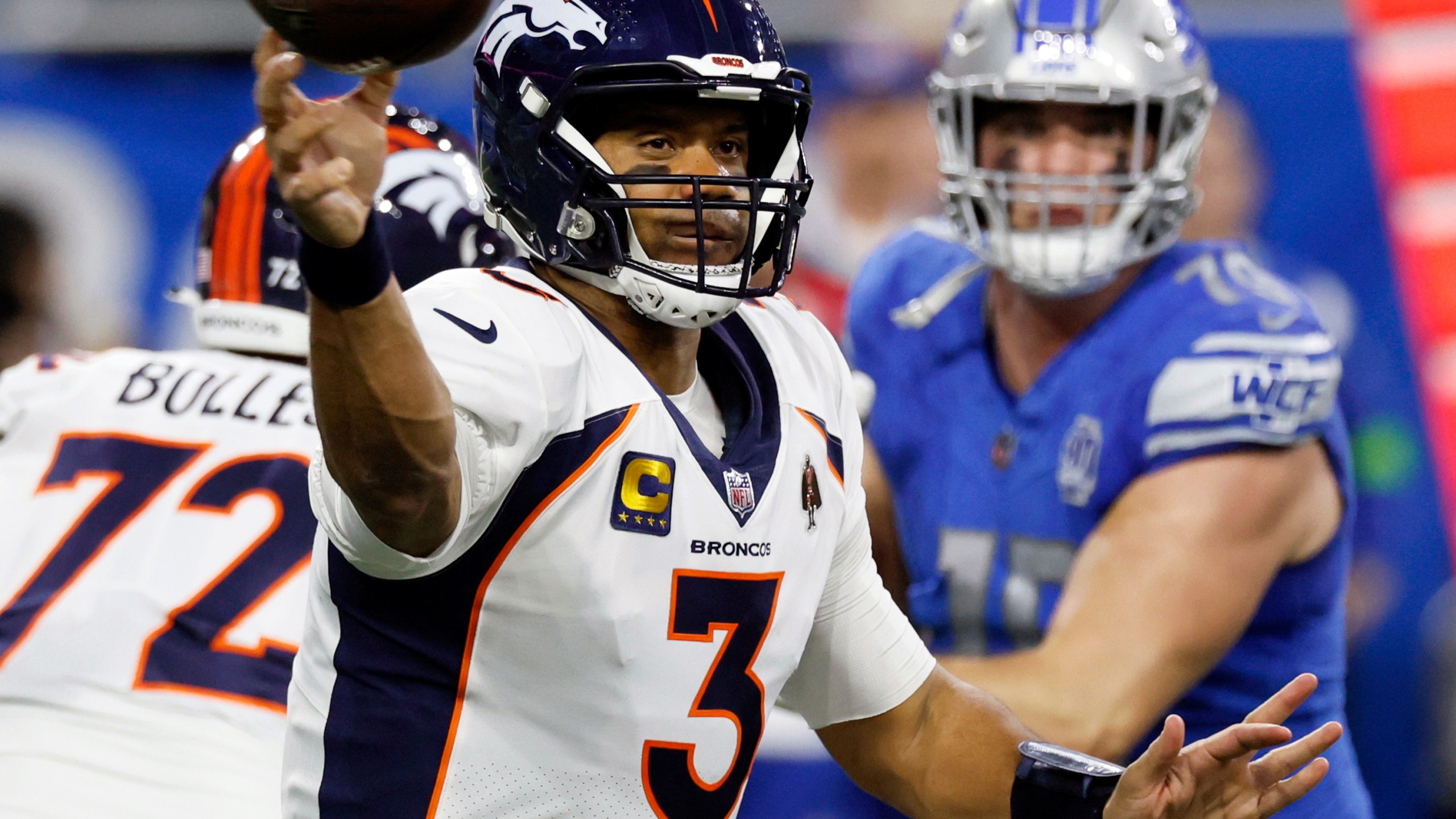 FILE - Denver Broncos quarterback Russell Wilson (3) throws during the first half of an NFL football game against the Detroit Lions, Dec. 16, 2023, in Detroit. Wilson has agreed to sign a one-year deal with the Pittsburgh Steelers, a person familiar with the details told The Associated Press on Sunday night, March 10, 2024. (AP Photo/Duane Burleson, File)