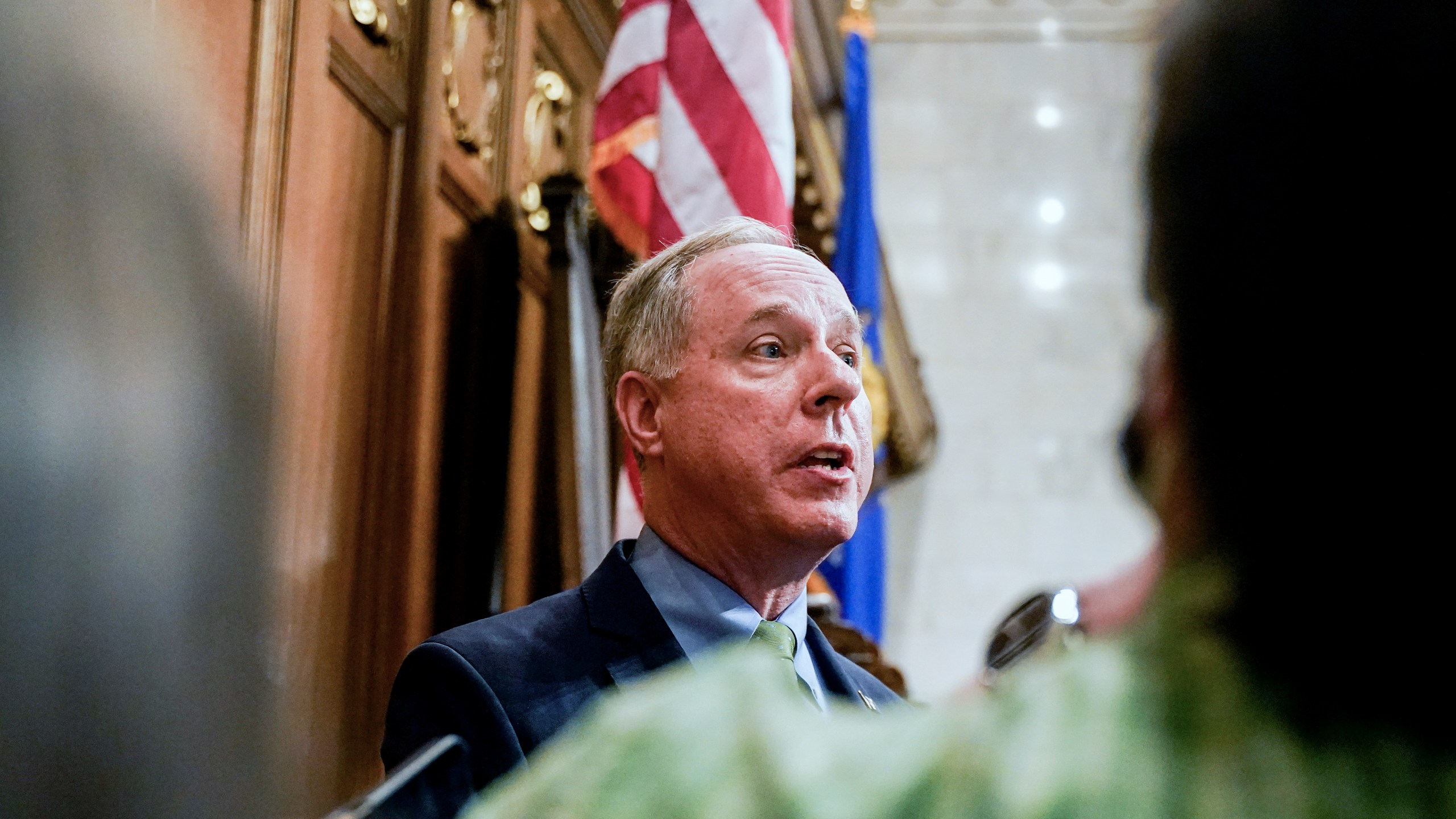 FILE - Wisconsin's Republican Assembly Speaker Robin Vos talks to the media at the state Capitol, Feb. 15, 2022, in Madison, Wis. Backers of an effort to oust Vos from office over his opposition to former President Donald Trump announced Sunday, March 10, 2024 that they’ve collected enough signatures to force a recall vote. (AP Photo/Andy Manis, File)