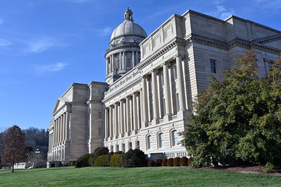 FILE - The Kentucky Capitol is seen, Jan. 14, 2020, in Frankfort, Ky. The Kentucky House voted Monday, March 11, 2024, to allow the state's smallest coal mining operations to reduce the number of miners with emergency medical training to be assigned for each underground shift. (AP Photo/Timothy D. Easley, File)