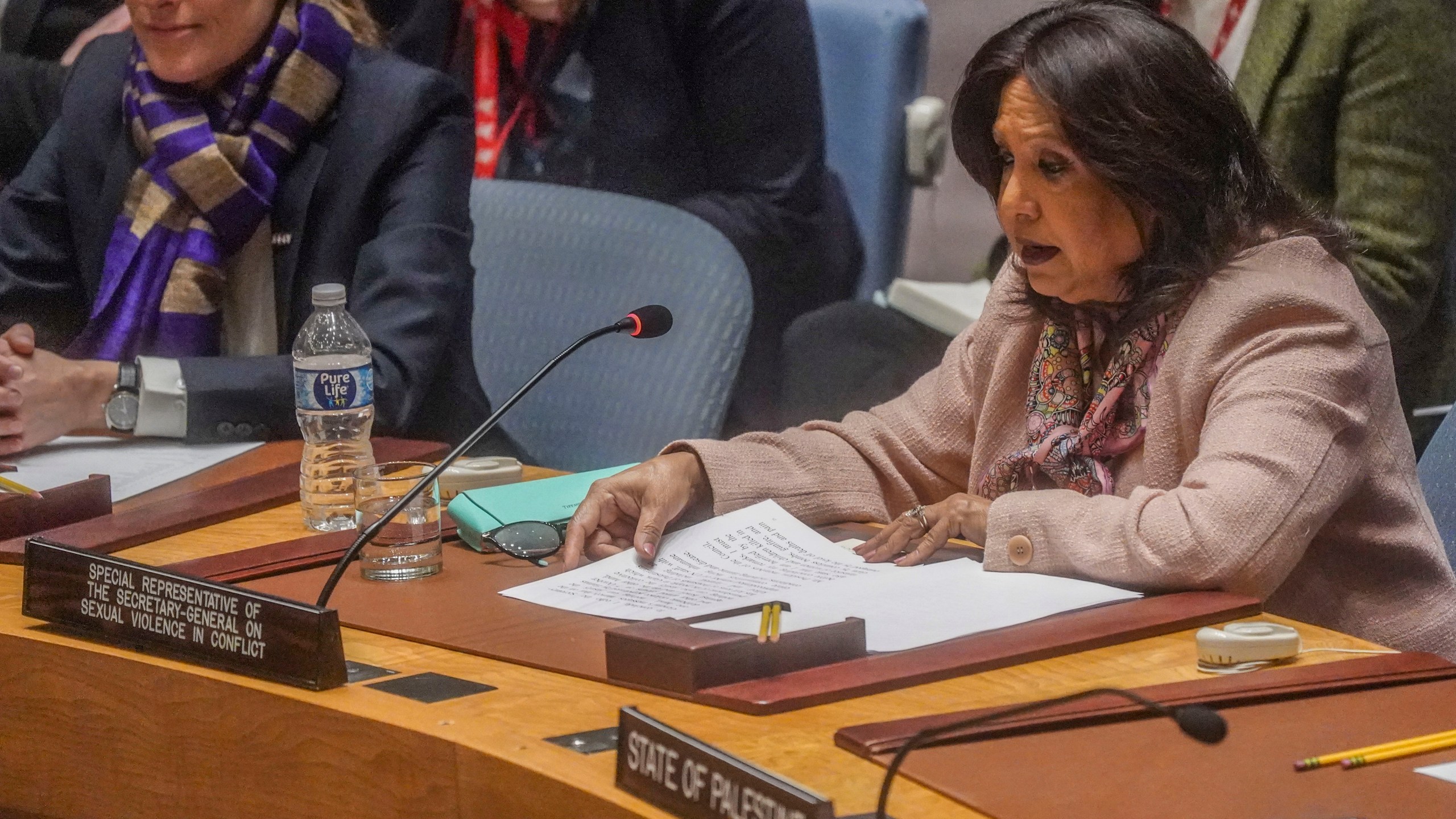 Pramila Patten, right, United Nations Special Representative of the Secretary-General on Sexual Violence in Conflict, addresses a meeting of the United Nations Security Council on the war in Gaza, Monday, March 11, 2024, at U.N. headquarters. (AP Photo/Bebeto Matthews)