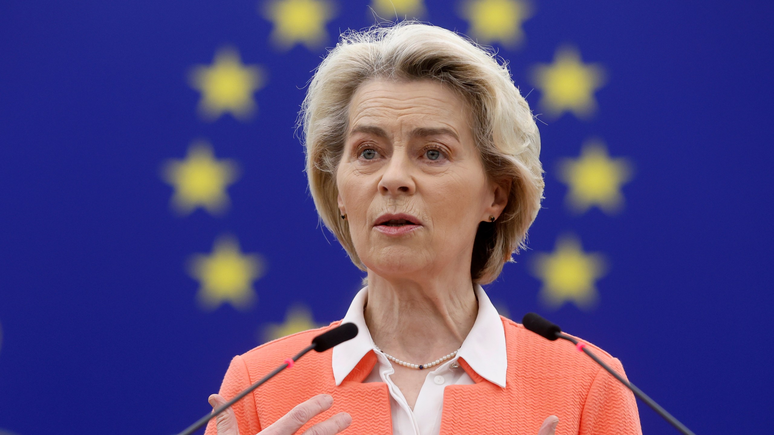 President of the European Commission Ursula von der Leyen delivers her speech as part of the preparation of the European Council meeting of March 21-22 2024, Tuesday, March 12, 2024 in Strasbourg, eastern France. (AP Photo/Jean-Francois Badias)