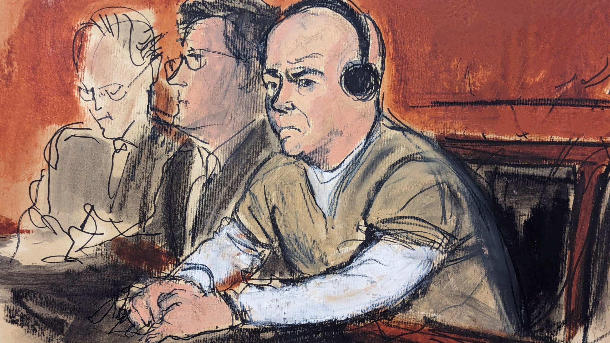 FILE - In this courtroom sketch, retired three-star Venezuelan army general Cliver Antonio Alcala Cordones, right, appears in federal court, Jan, 18, 2024, in New York. The formidable opponent of Venezuelan President Nicolás Maduro who twice tried to mount coups against the socialist leader spoke to The Associated Press as a Manhattan federal judge decides whether to punish him with a long prison sentence. It's the first time Alcalá has spoken since surrendering in 2020. (Elizabeth Williams via AP, File)