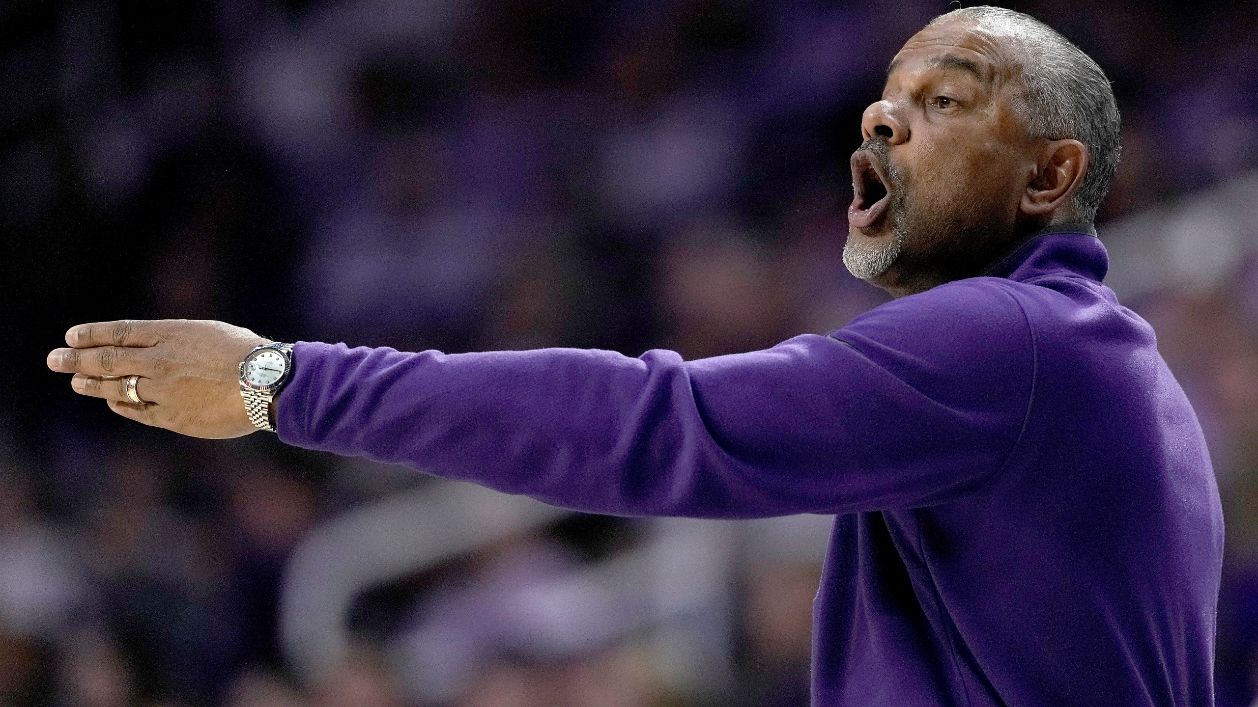 Kansas State head coach Jerome Tang talks to his players during the second half of an NCAA college basketball game against Iowa State Saturday, March 9, 2024, in Manhattan, Kan. Kansas State won 65-58. (AP Photo/Charlie Riedel)
