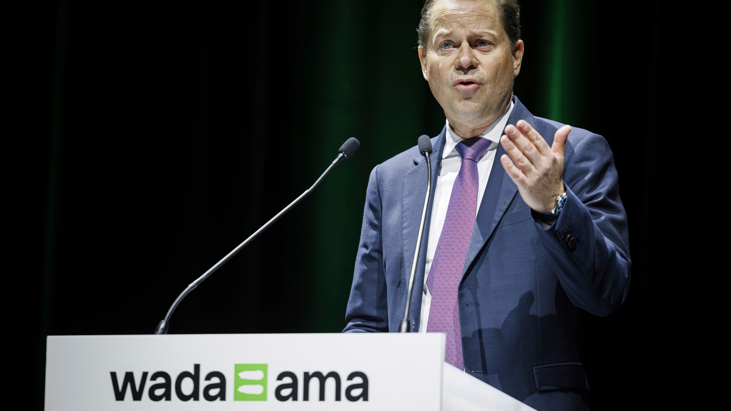 Director General of World Anti-Doping Agency (WADA) Olivier Niggli from Switzerland speaks during the opening of the WADA Symposium for Anti-Doping Organizations at the SwissTech Convention Center in Lausanne, Switzerland, Tuesday, March 12, 2024. (Valentin Flauraud/Keystone via AP)