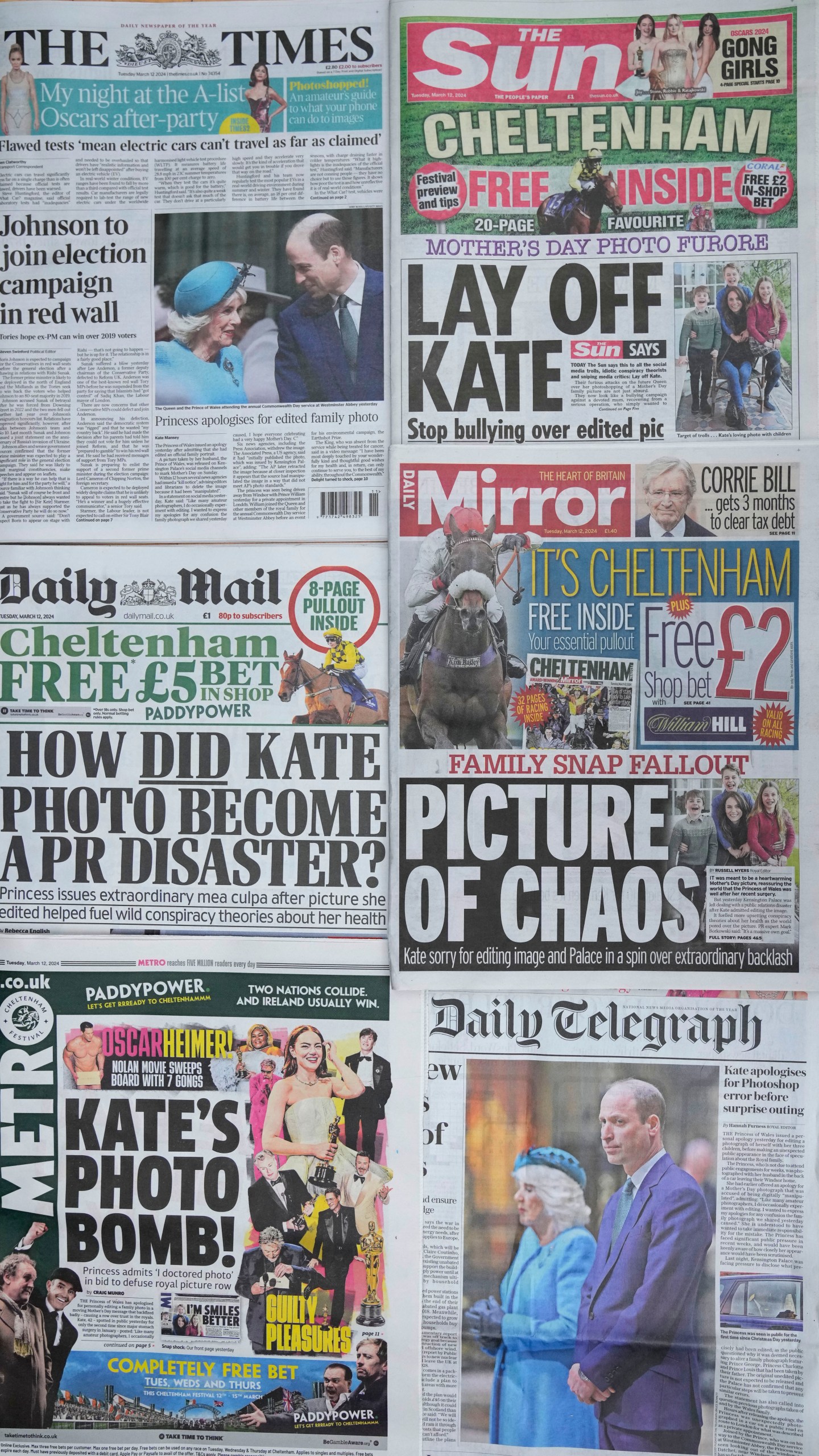 A montage of some of the front pages of Britain's newspapers, in London, Tuesday, March 12, 2024. The Princess of Wales has apologized for "confusion" caused by her altering of a family photo released by the palace. The image of Kate and her children was intended to calm concern and speculation about the princess's health, but had the opposite effect. Several news agencies that initially published the photo, including The Associated Press, withdrew the image over concerns about digital manipulation. (AP Photo/Kirsty Wigglesworth)