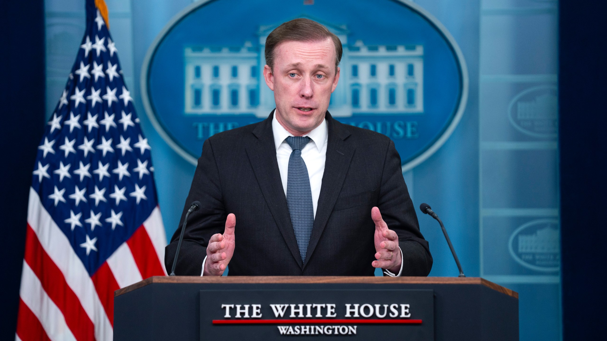 White House national security adviser Jake Sullivan speaks during a press briefing at the White House, Tuesday, March 12, 2024, in Washington. (AP Photo/Evan Vucci)