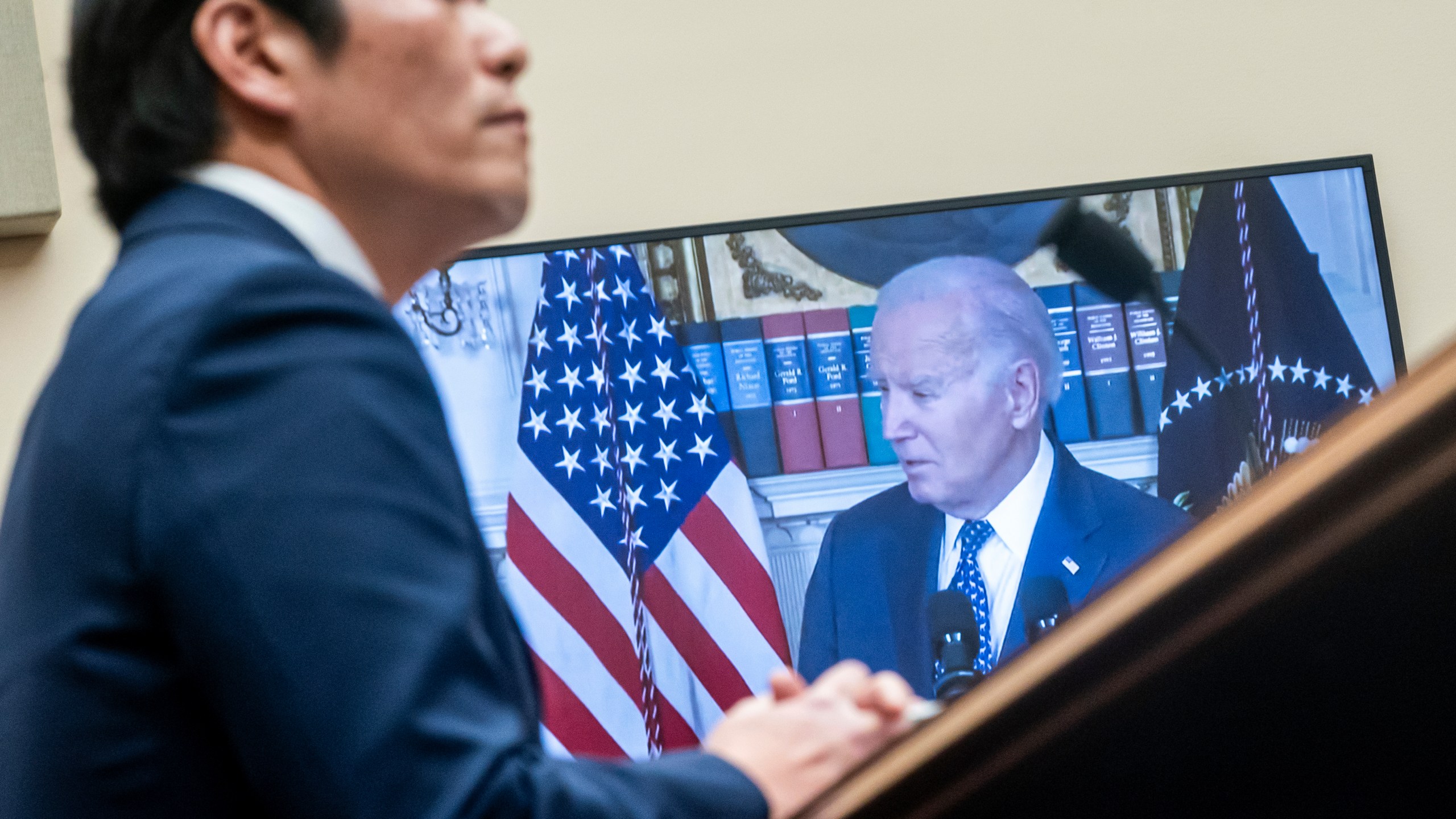 Special Counsel Robert Hur listens to recorded remarks of President Joe Biden during a hearing of the House Judiciary Committee in the Rayburn Office Building on Capitol Hill in Washington, Tuesday, March 12, 2024. (AP Photo/Nathan Howard)