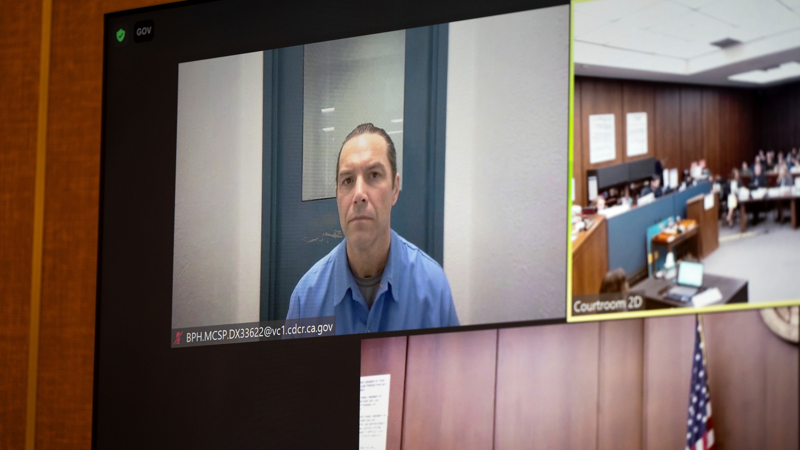 Scott Peterson appears via video call for a status hearing at San Mateo County Superior Court in Redwood City, Calif., Tuesday, March 12, 2024. (Andy Alfaro/The Modesto Bee via AP, Pool)