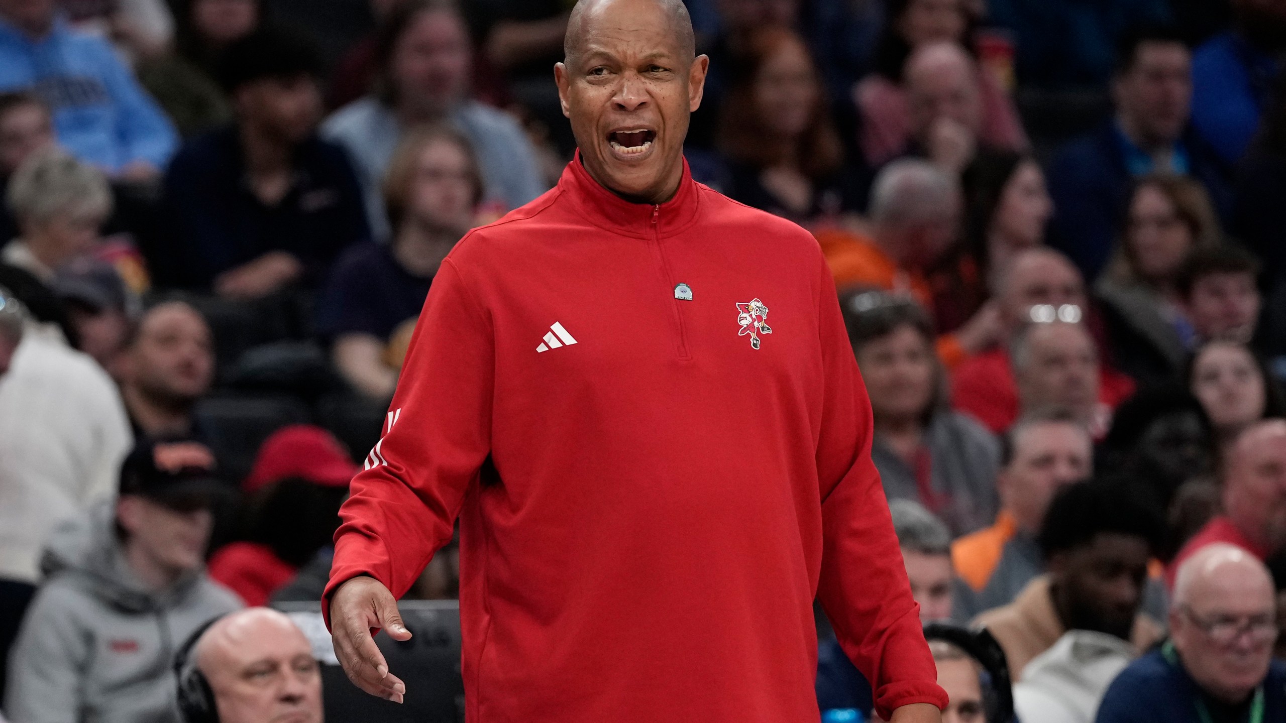Louisville head coach Kenny Payne during the first half of the Atlantic Coast Conference NCAA college basketball tournament game against North Carolina State, Tuesday, March 12, 2024, in Washington. (AP Photo/Susan Walsh)