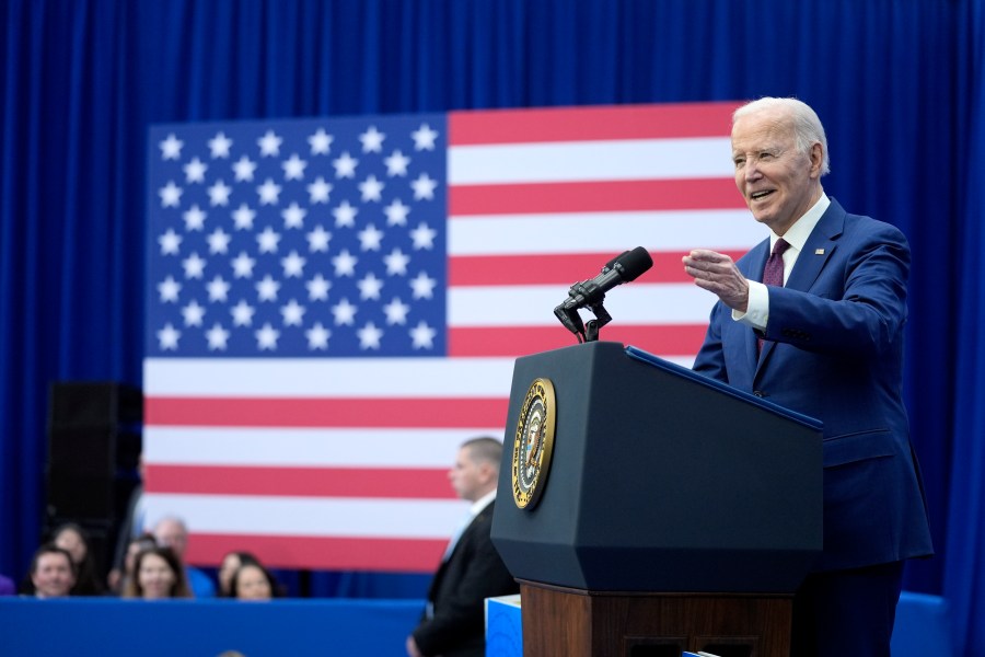 President Joe Biden delivers remarks on lowering prices for American families during an event at the YMCA Allard Center, Monday, March 11, 2024, in Goffstown, N.H. (AP Photo/Evan Vucci)