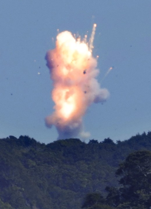 Space One's Kairos rocket explodes after liftoff from a launch pad in Kushimoto, Wakayama prefecture, western Japan, Wednesday, March 13, 2024. A rocket touted as Japan’s first from the private sector to go into orbit exploded shortly after takeoff Wednesday, livestreamed video showed.(Kyodo News via AP)