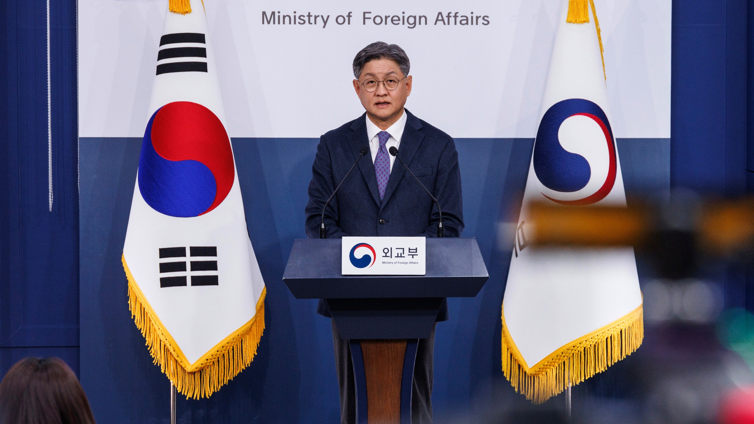 South Korean Foreign Ministry spokesperson Lim Soo-suk speaks during a briefing on a South Korean citizen arrested in Russia at the Foreign Ministry in Seoul, South Korea, Tuesday, March 12, 2024. A South Korean citizen arrested in Russia earlier this year on suspicion of spying is to remain in custody until mid-June, Russia's state news agency Tass said Monday. (Hwang Gwang-mo/Yonhap via AP)