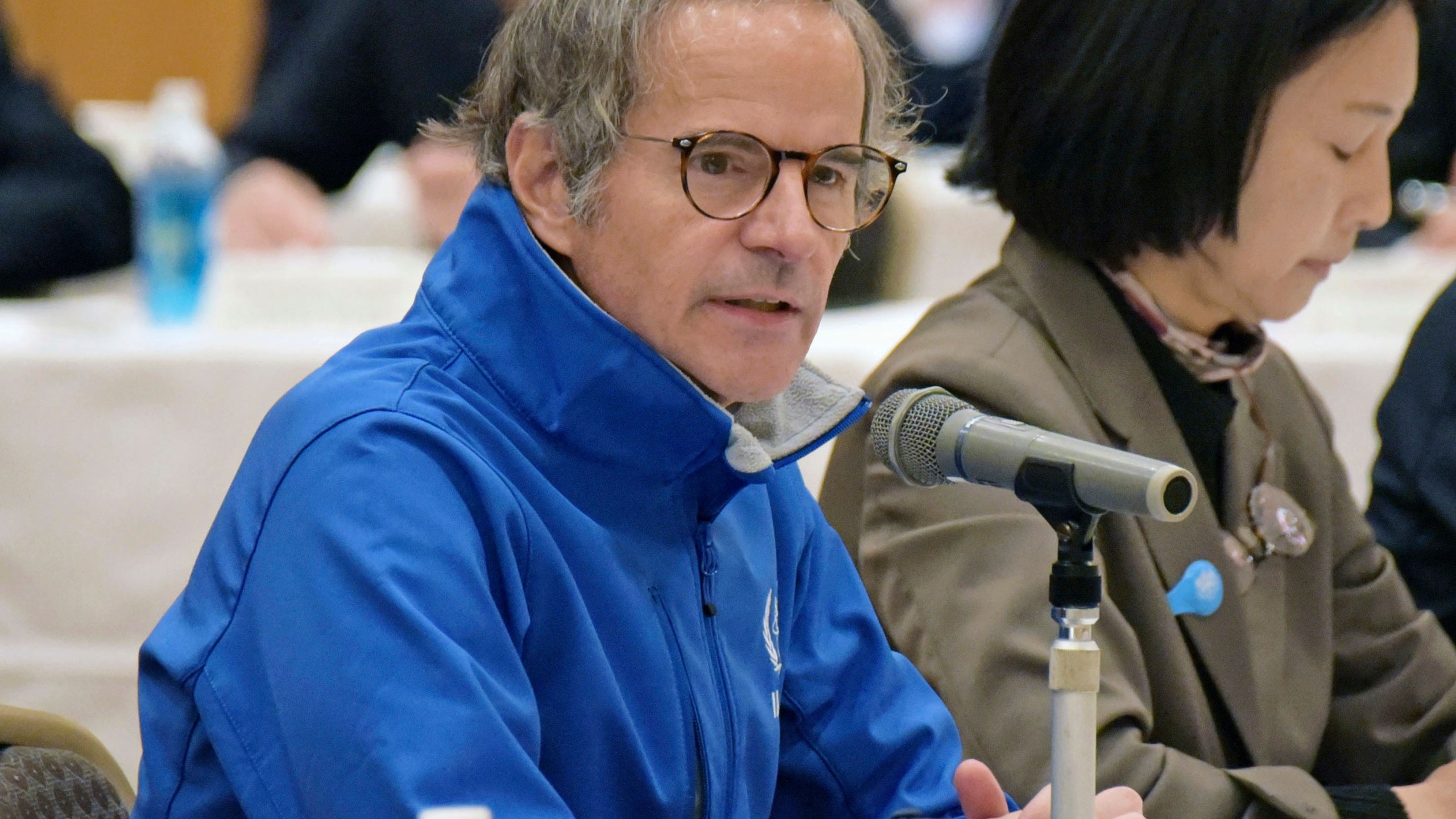 International Atomic Energy Agency Director-General Rafael Grossi attends a meeting with local officials and representatives from fishing and business groups in Iwaki, northeast of Tokyo, Wednesday, March 13, 2024. The head of the U.N. atomic agency on Wednesday told local Japanese representatives at the meeting in the Fukushima city that the ongoing discharge of treated radioactive wastewater at the ruined nuclear power plant has met safety standards and that any restrictions on products from the region are “not scientific.” (Masahide Endo/Kyodo News via AP)