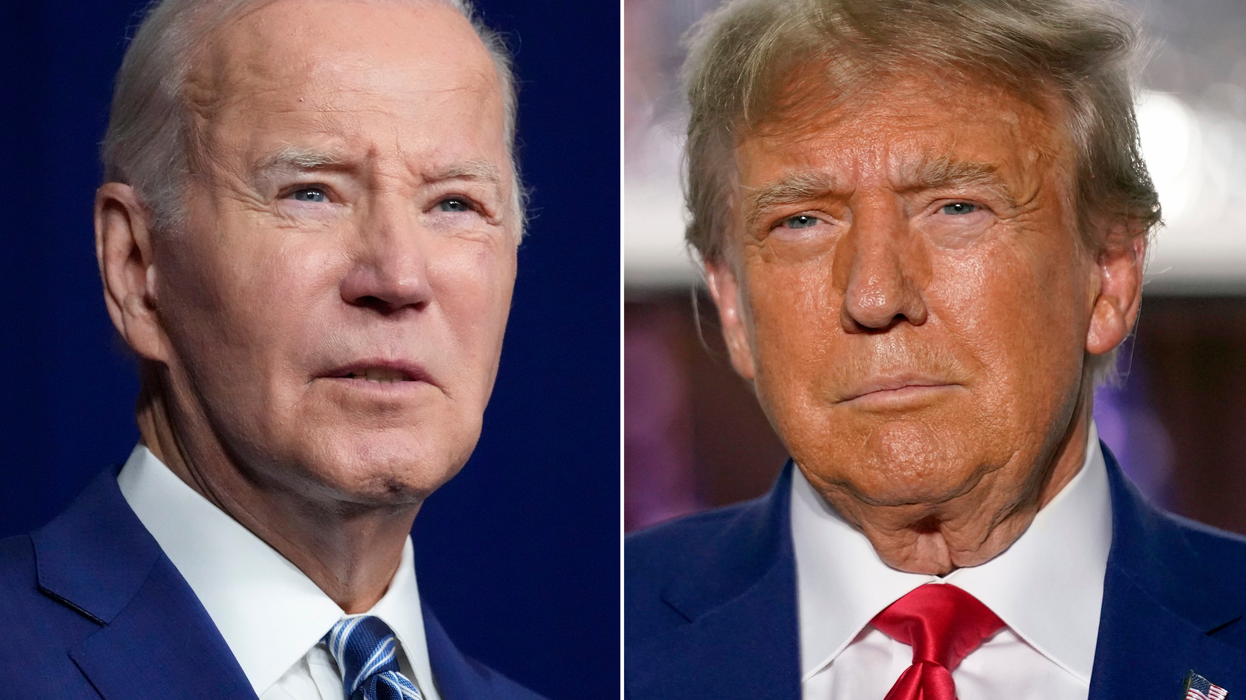 FILE - In this combination of photos, President Joe Biden, left, speaks on Aug. 10, 2023, in Salt Lake City, and former President Donald Trump speaks on June 13, 2023, in Bedminster, N.J. The sequel to the 2020 election is officially set as the president and his immediate predecessor secured their parties' nominations. Biden and Trump have set up a political movie the country has seen before — even if the last version was in black and white. (AP Photo, File)