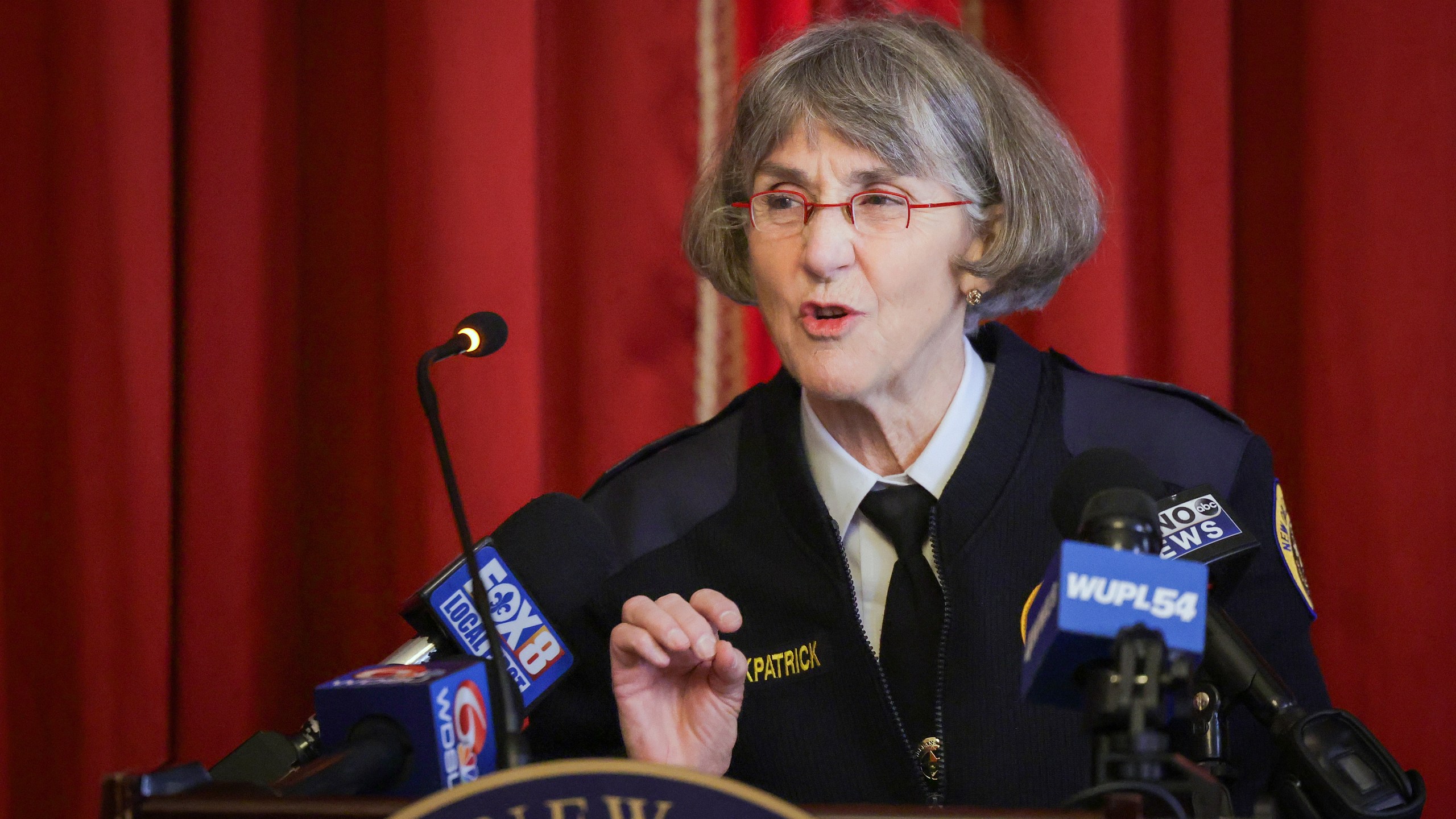 New Orleans Police Superintendent Anne Kirkpatrick addresses the media discussing Carnival safety measures and preparations during a news conference at Gallier Hall in New Orleans on Wednesday, Jan. 31, 2024. Kirkpatrick says conditions at the department's aging headquarters are so deplorable that officers work amid heavy mold, cockroaches and even rats munching on contraband in the evidence locker. Police Superintendent Anne Kirkpatrick told city council members the infestation is so bad that "the rats eating our marijuana, they're all high.” (Brett Duke/The Times-Picayune/The New Orleans Advocate via AP)