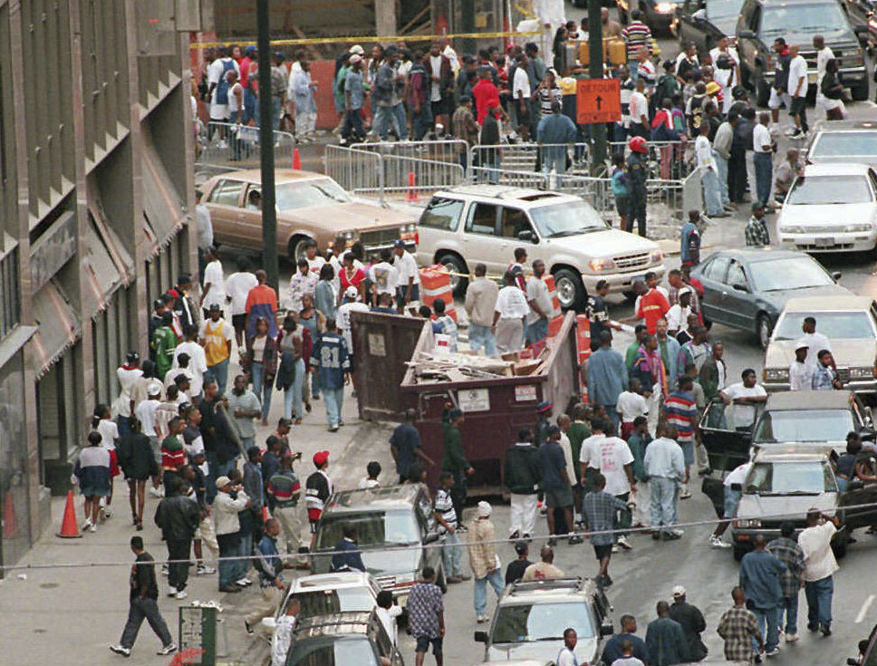 FILE - Crowds of people jam Marietta Street for Freaknik near the intersection of Peachtree Street in Atlanta on April 19, 1996. A new Hulu documentary “Freaknik: The Wildest Story Never Told,” touches on how the event started as an innocent Black College cookout that ultimately drew thousands from across the United States. (Philip McCollum/Atlanta Journal-Constitution via AP, File)