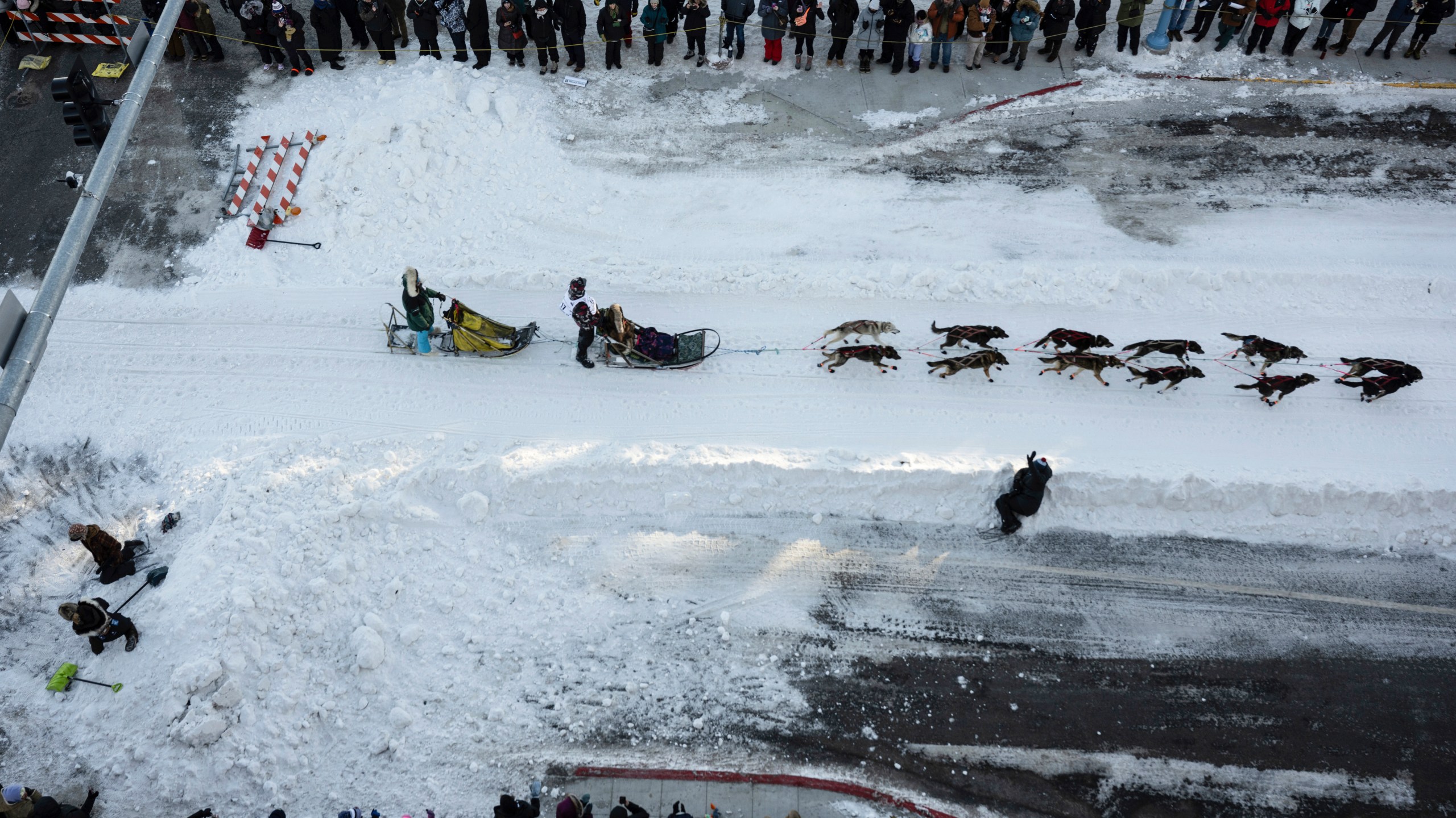 FILE - A musher leaves downtown during the ceremonial start of the Iditarod Trail Dog Sled Race on Saturday, March 2, 2024, in Anchorage, Alaska. This year the deaths of three dogs during the race — and five more during training — have refocused attention on the sport’s darker side and raised questions about the ethics of asking animals to pull a heavy sled for hundreds of miles in subzero temperatures. (Marc Lester/Anchorage Daily News via AP, File)