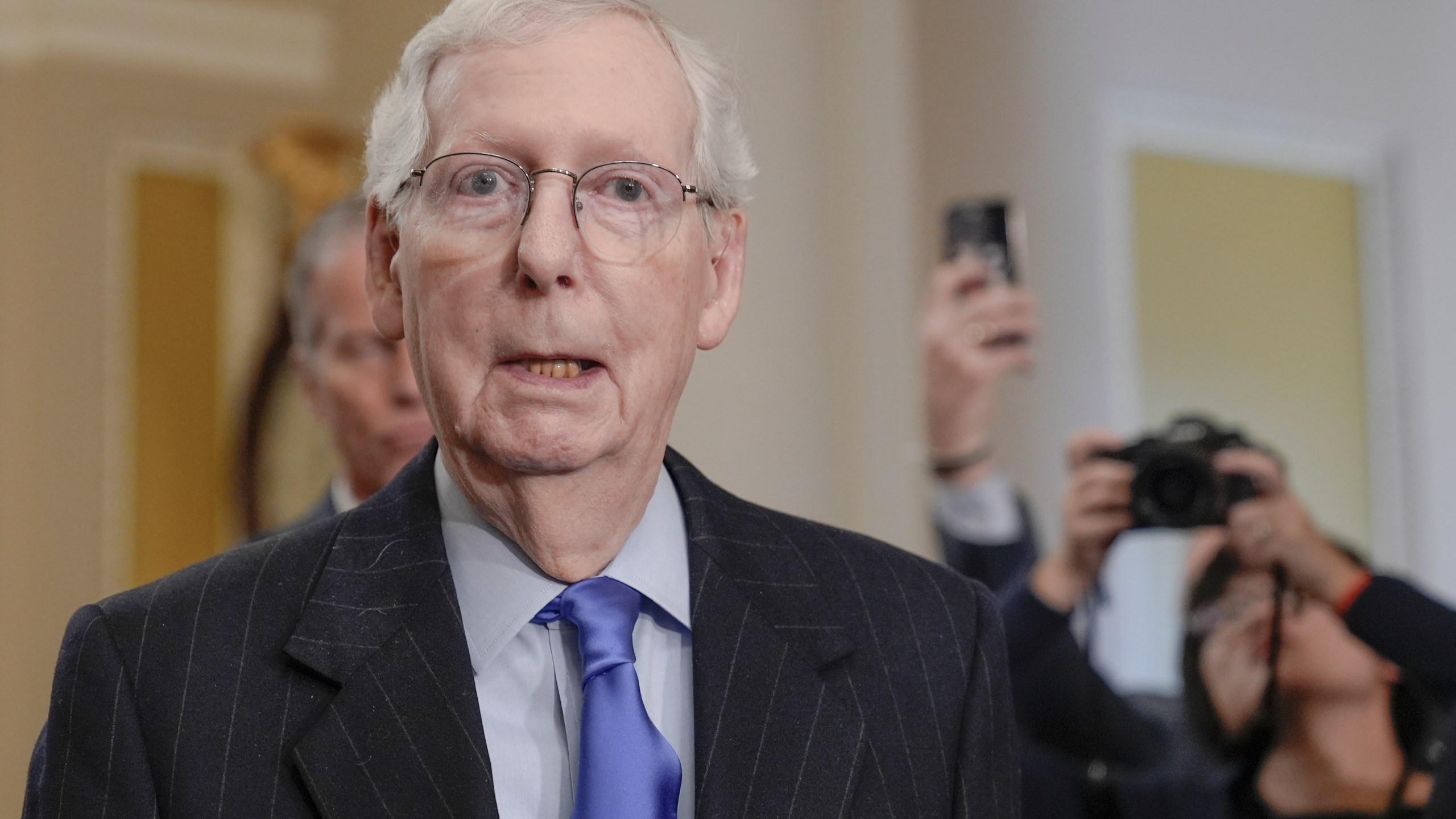 Senate Minority Leader Mitch McConnell, R-Ky., talks after a policy luncheon on Capitol Hill Tuesday, March 12, 2024, in Washington. (AP Photo/Mariam Zuhaib)