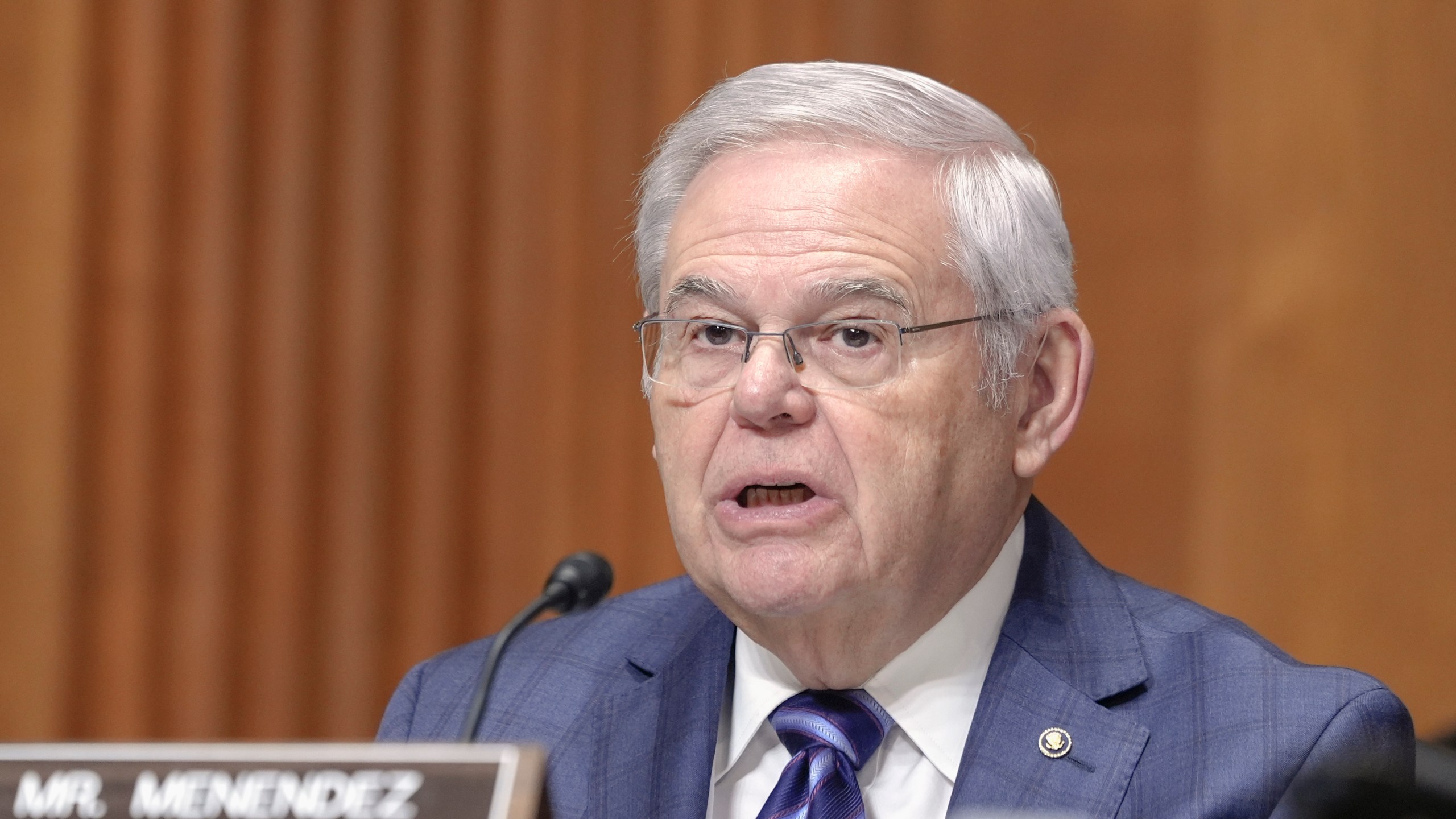 Sen. Bob Menendez, D-N.J., asks a question during a Senate Finance Committee hearing to examine the President's proposed budget request for fiscal year 2025 for the Department of Health and Human Services on Capitol Hill Thursday, March 14, 2024, in Washington. (AP Photo/Mariam Zuhaib)
