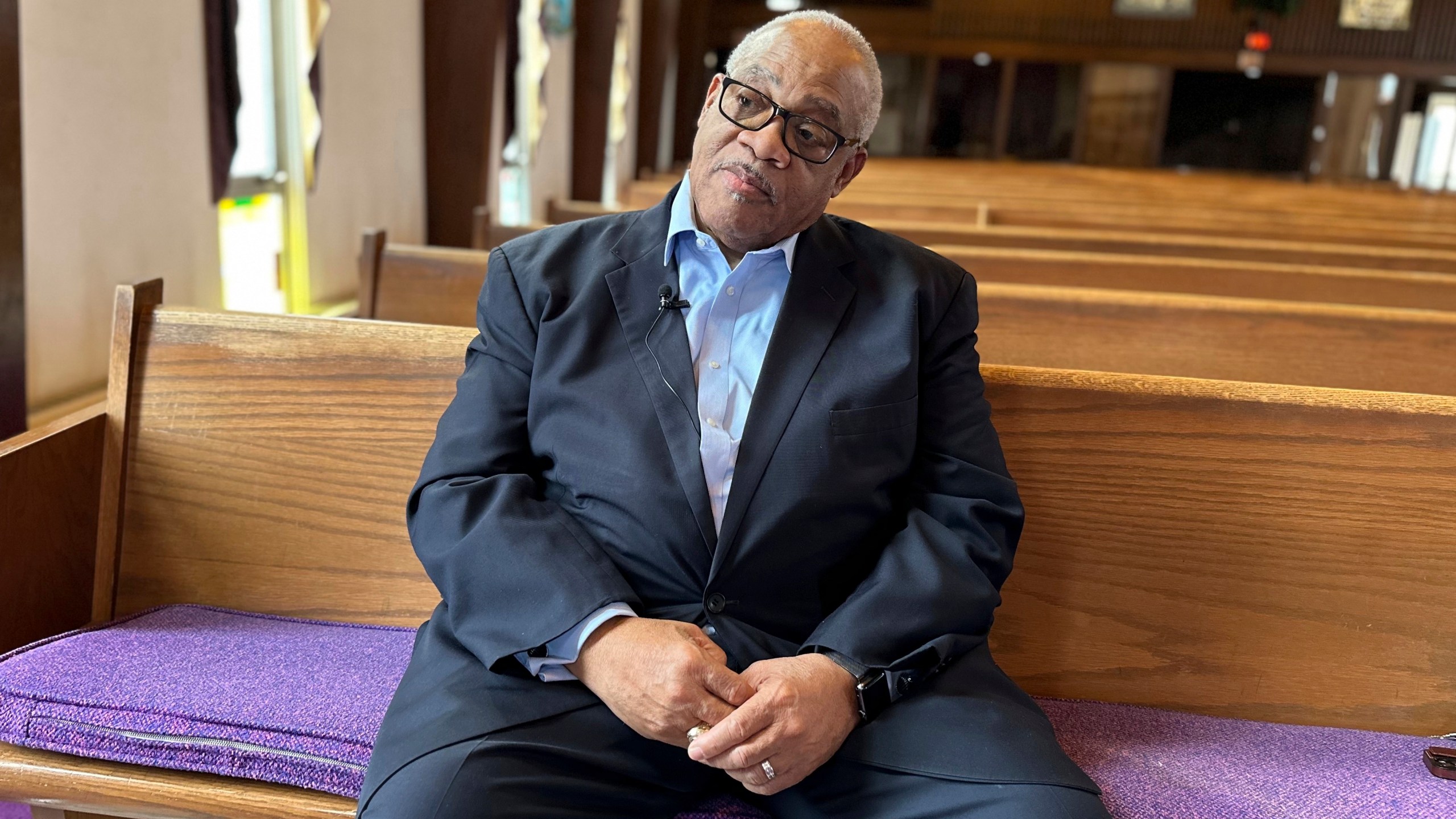 Bishop Hurley Coleman Jr. sits in his church on Tuesday, March 12, 2024, in Saginaw, Mich. President Joe Biden is expected to make a campaign visit to Saginaw on Thursday, and Coleman says "if there is a place in America that he can tell his story to a people that need to hear it, Saginaw is that typical place." (AP Photo/Mike Householder)