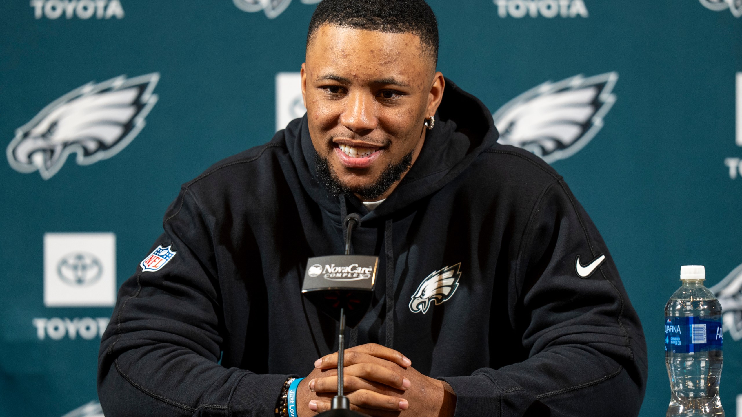 Philadelphia Eagle's Saquon Barkley talks to the media during a press conference after signing with the NFL football team, Thursday, March 14, 2024, in Philadelphia. (AP Photo/Chris Szagola)