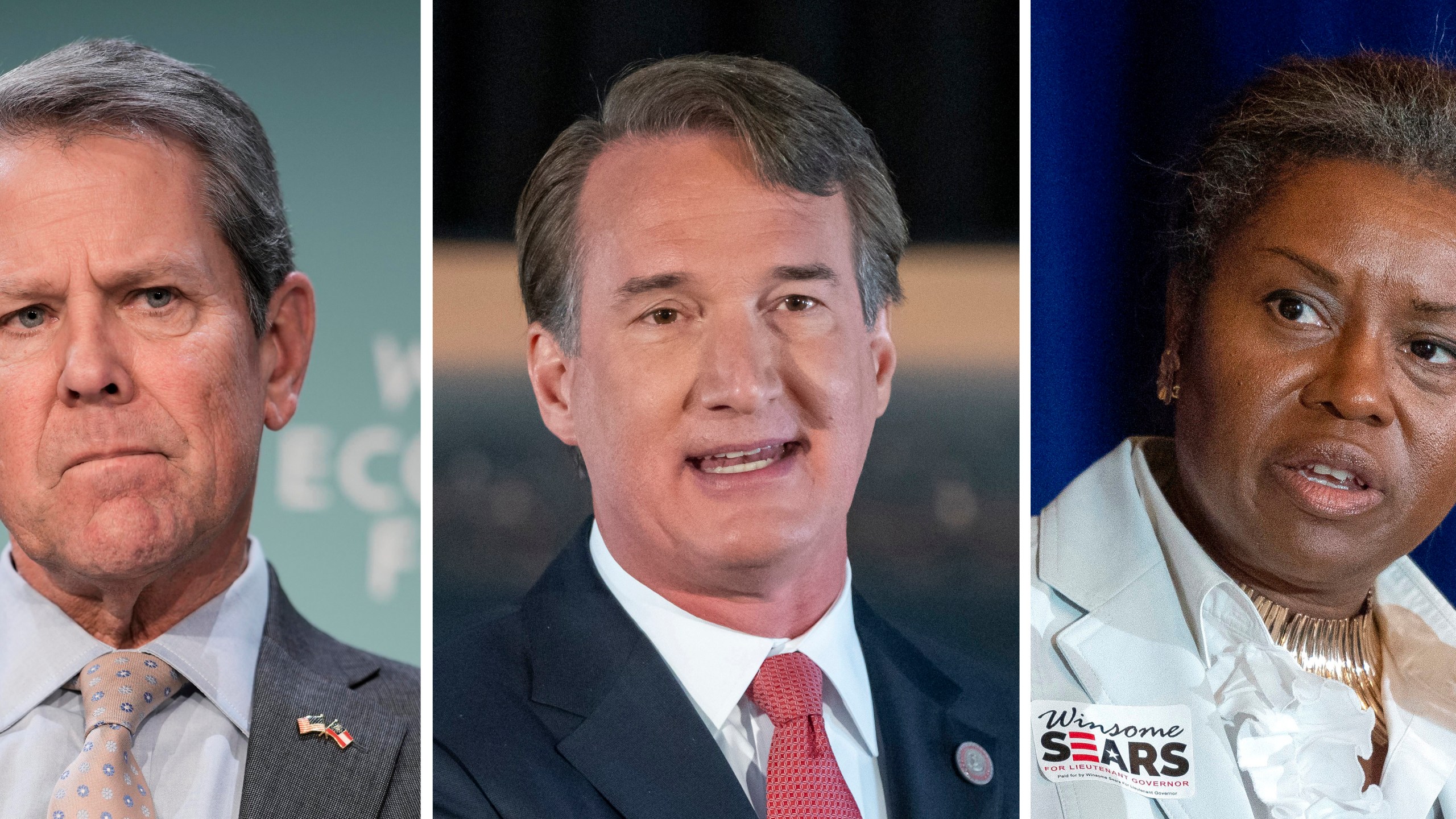 This combination photo shows Georgia Gov. Brian Kemp on Jan. 18, 2024, from left, Virginia Gov. Glenn Youngkin on Dec. 13, 2023, and Virginia Lt. Gov. Winsome Sears on Sept. 1, 2021. Many GOP leaders in battleground states are offering former President Donald Trump only tepid support, or not endorsing him at all, in the 2024 presidential election. (AP Photo)