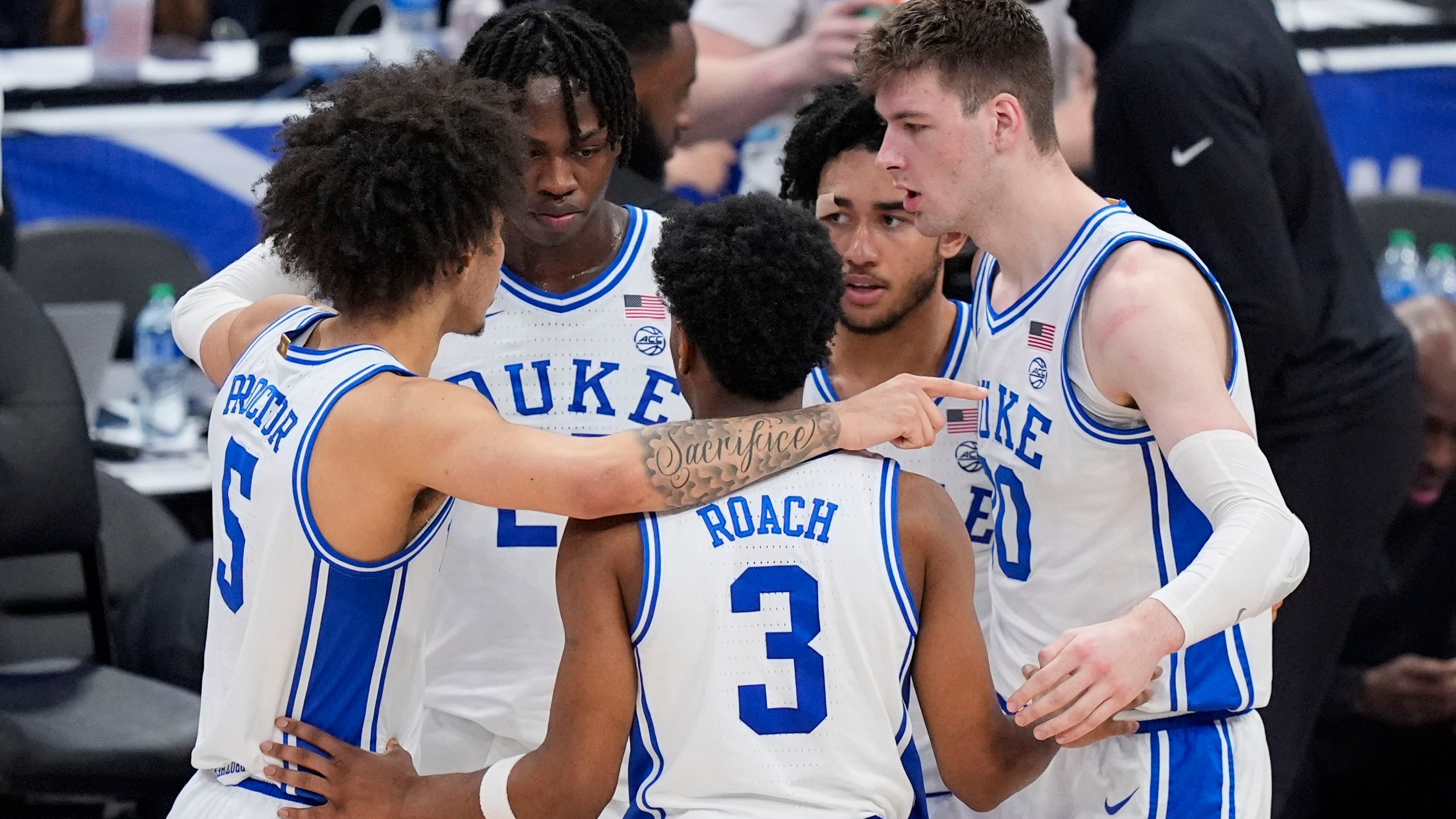 Duke guard Jeremy Roach (3) has a team huddle during a time out in the second half of an NCAA college basketball game in the quarterfinal round of the Atlantic Coast Conference tournament game against North Carolina State Thursday, March 14, 2024, in Washington. (AP Photo/Alex Brandon)