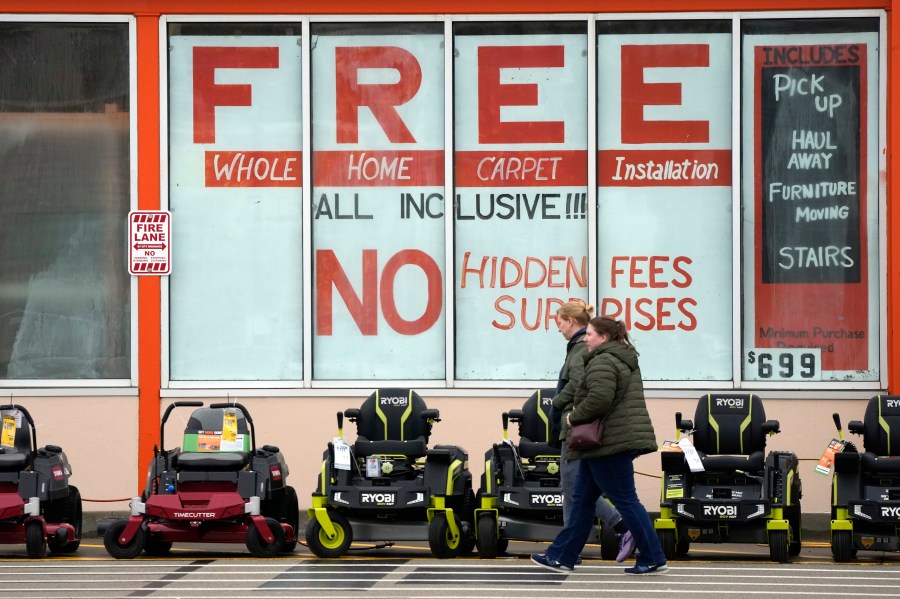 Lawnmowers are displayed outside a Home Depot store in Uniontown, Pa. on Saturday, Mar. 2, 2024. On Friday, March 15, 2024, the University of Michigan releases its preliminary reading of consumer sentiment for March.(AP Photo/Gene J. Puskar)