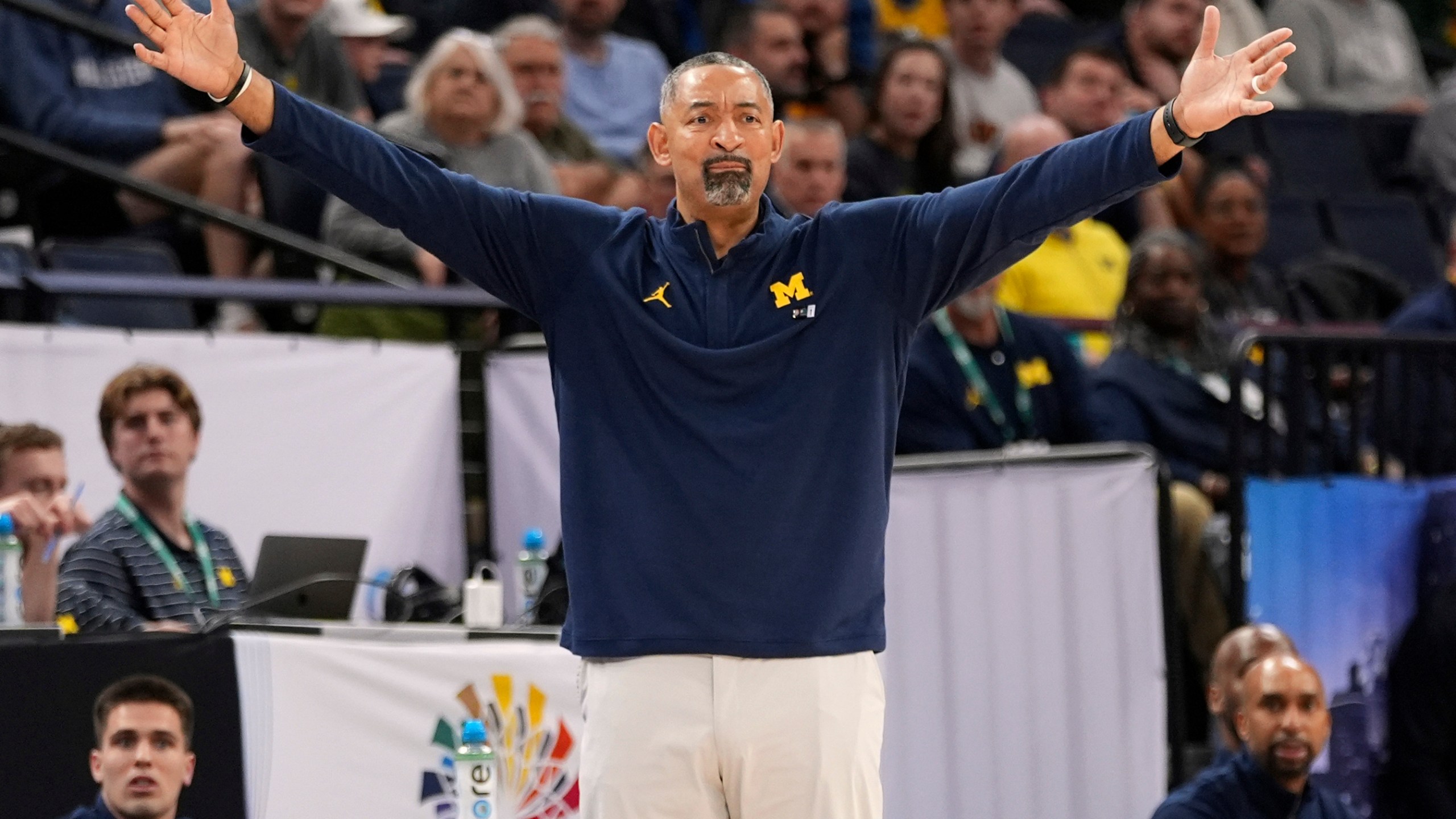 Michigan coach Juwan Howard reacts during the second half of the team's NCAA college basketball game against Penn State in the first round of the Big Ten Conference men's tournament Wednesday, March 13, 2024, in Minneapolis. Michigan fired Howard on Friday, March 15, 2024, after five seasons, 82-67 record and two NCAA Tournament trips. (AP Photo/Abbie Parr)