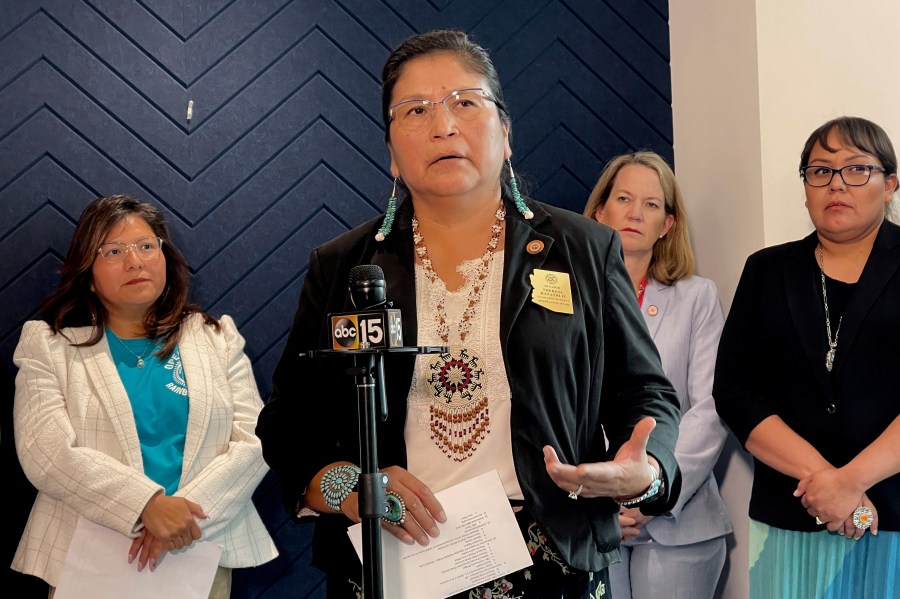 FILE - Arizona State Sen. Theresa Hatathlie talks during a news conference on Friday, May 19, 2023. Hatathlie said Friday, march 15, 2024, that she's hoping for final approval of her bill to tighten regulations for rehab facilities amid widespread fraud that has bilked hundreds of millions in Arizona Medicaid dollars. Hundreds of Native Americans seeking help for addictions have also been scammed. (AP Photo/Anita Snow, File)