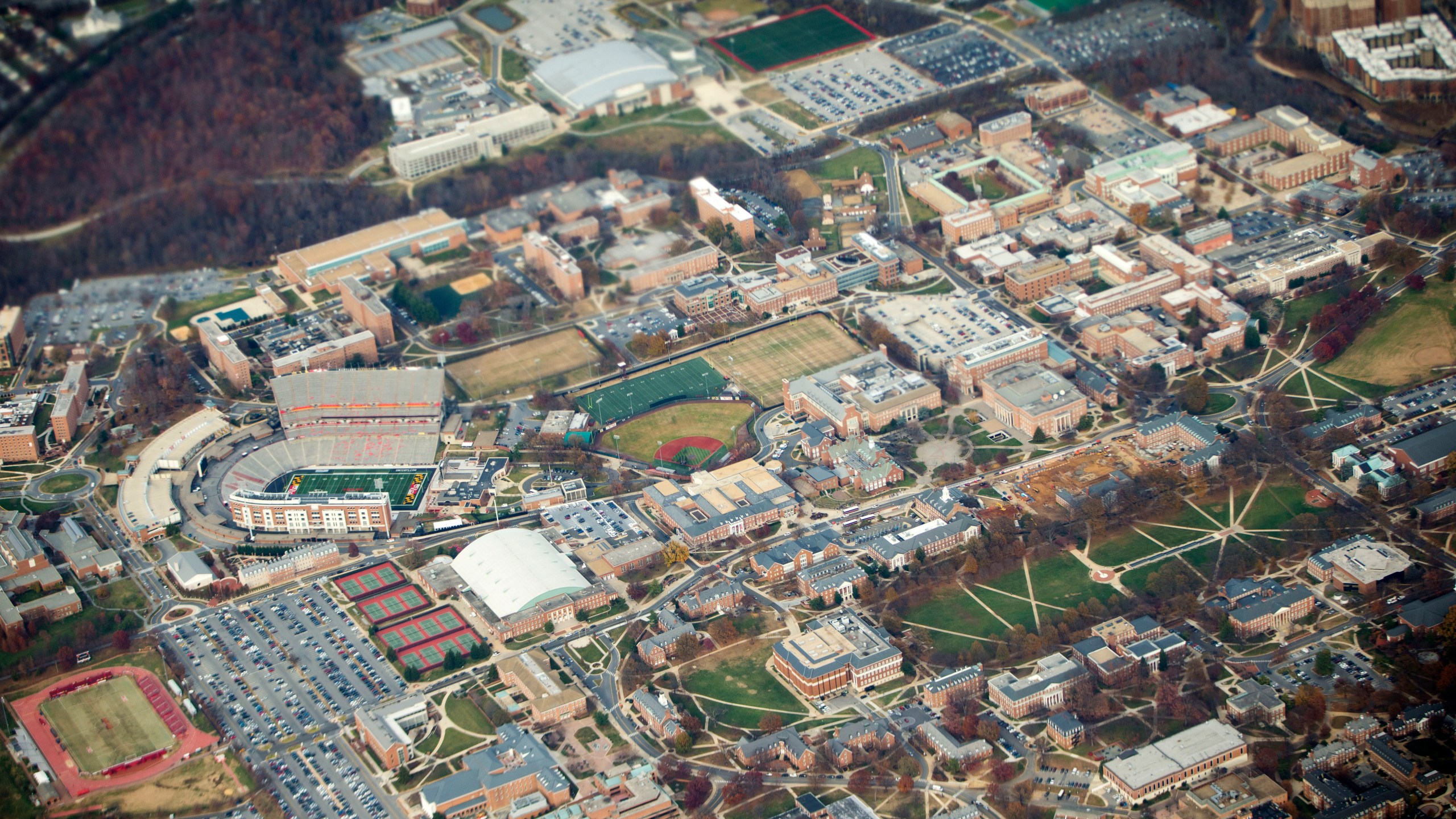 FILE - The University of Maryland campus in College Park, Md., is seen, Tuesday, Nov. 25, 2014. The University of Maryland has lifted its suspension of most fraternities and sororities after concluding an investigation into hazing and alcohol-related activities, the university said Friday, March 15, 2024, though five chapters will remain under investigation and continue to be subject to limited restrictions on activities. (AP Photo/Pablo Martinez Monsivais, File)