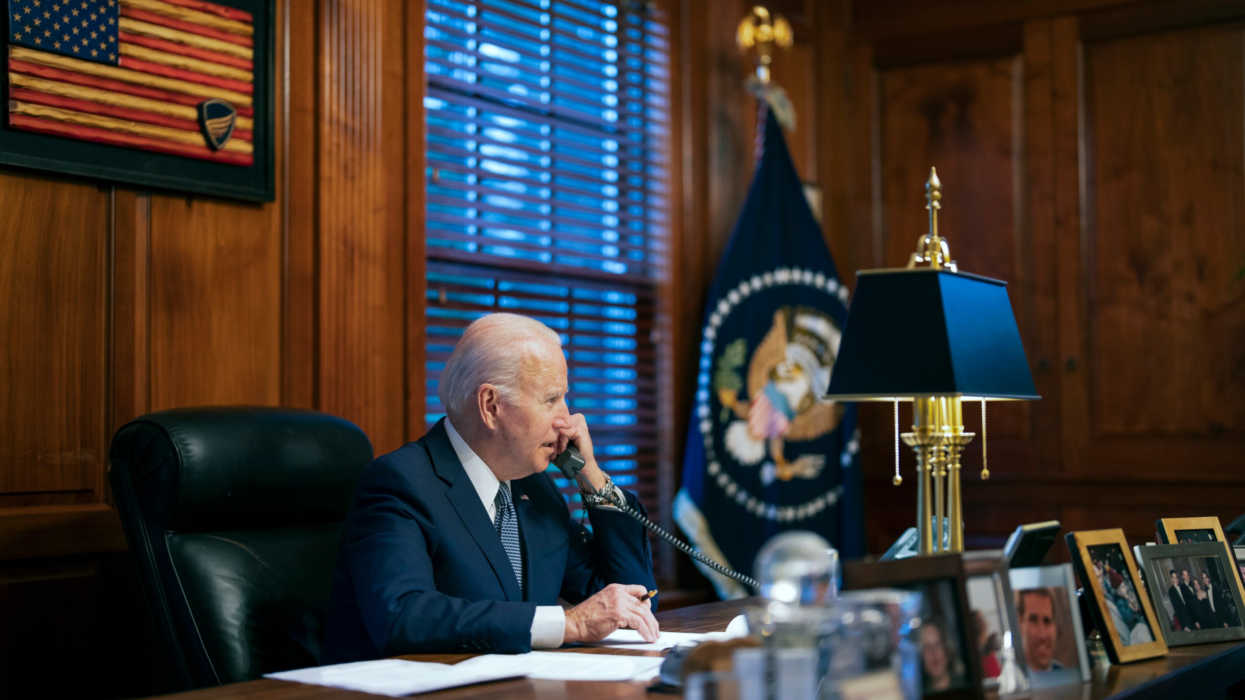 FILE - In this image provided by The White House, President Joe Biden speaks with Russian President Vladimir Putin on the phone from his private residence in Wilmington, Del., Dec. 30, 2021. Biden's sprawling home outside downtown Wilmington, has a special place in his heart. When he met special prosecutor Robert Hur to talk about the sensitive documents he’d improperly kept after his vice presidency, Biden told Hur three times he is a “frustrated architect.” (Adam Schultz/The White House via AP, File)