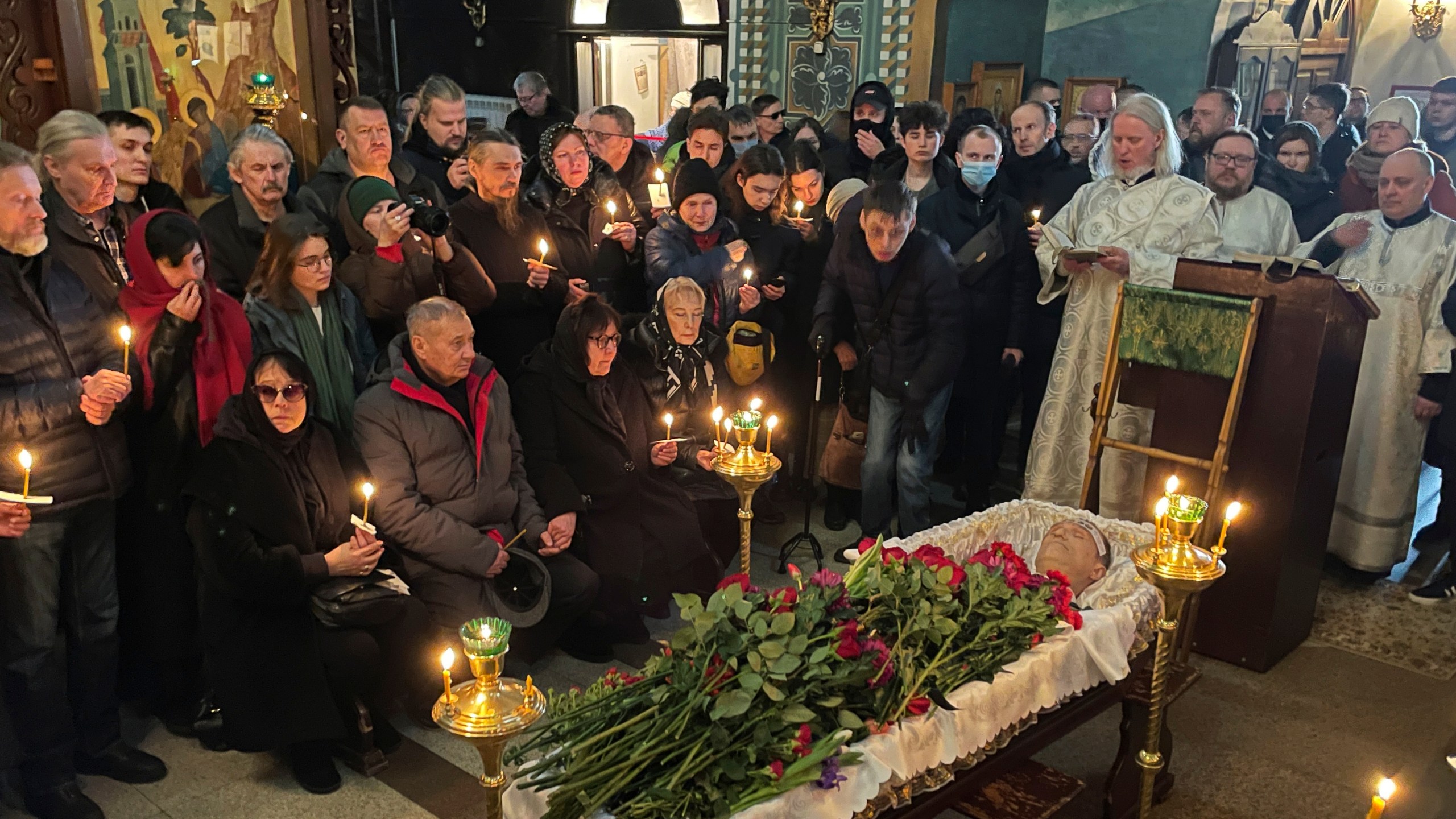 FILE - Relatives and friends pay their last respects at the coffin of Russian opposition leader Alexei Navalny in the Church of the Icon of the Mother of God Soothe My Sorrows, in Moscow, Russia, Friday, March 1, 2024. After Navalny died last month in an Arctic penal colony, his allies quickly returned to work undermining Vladimir Putin's 24-year grip on power. (AP Photo, File)