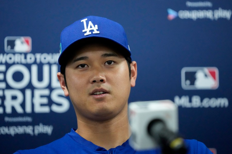 Los Angeles Dodgers' Shohei Ohtani attends a news conference ahead of a baseball workout at the Gocheok Sky Dome in Seoul, South Korea, Saturday, March 16, 2024. (AP Photo/Lee Jin-man)