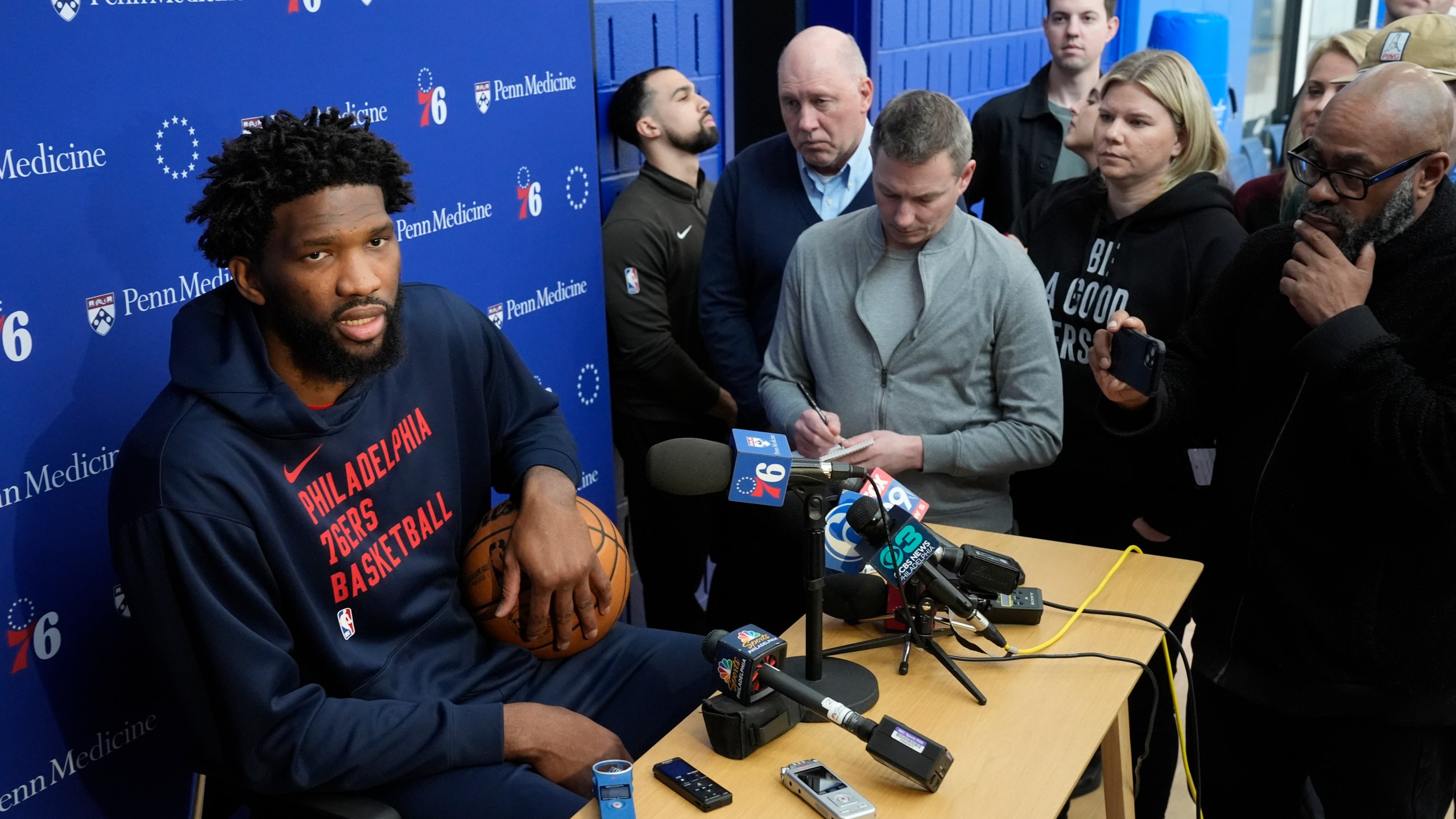 Philadelphia 76ers center Joel Embiid speaks with members of the media at the NBA basketball team's practice facility, Thursday, Feb. 29, 2024, in Camden, N.J. (AP Photo/Matt Rourke)