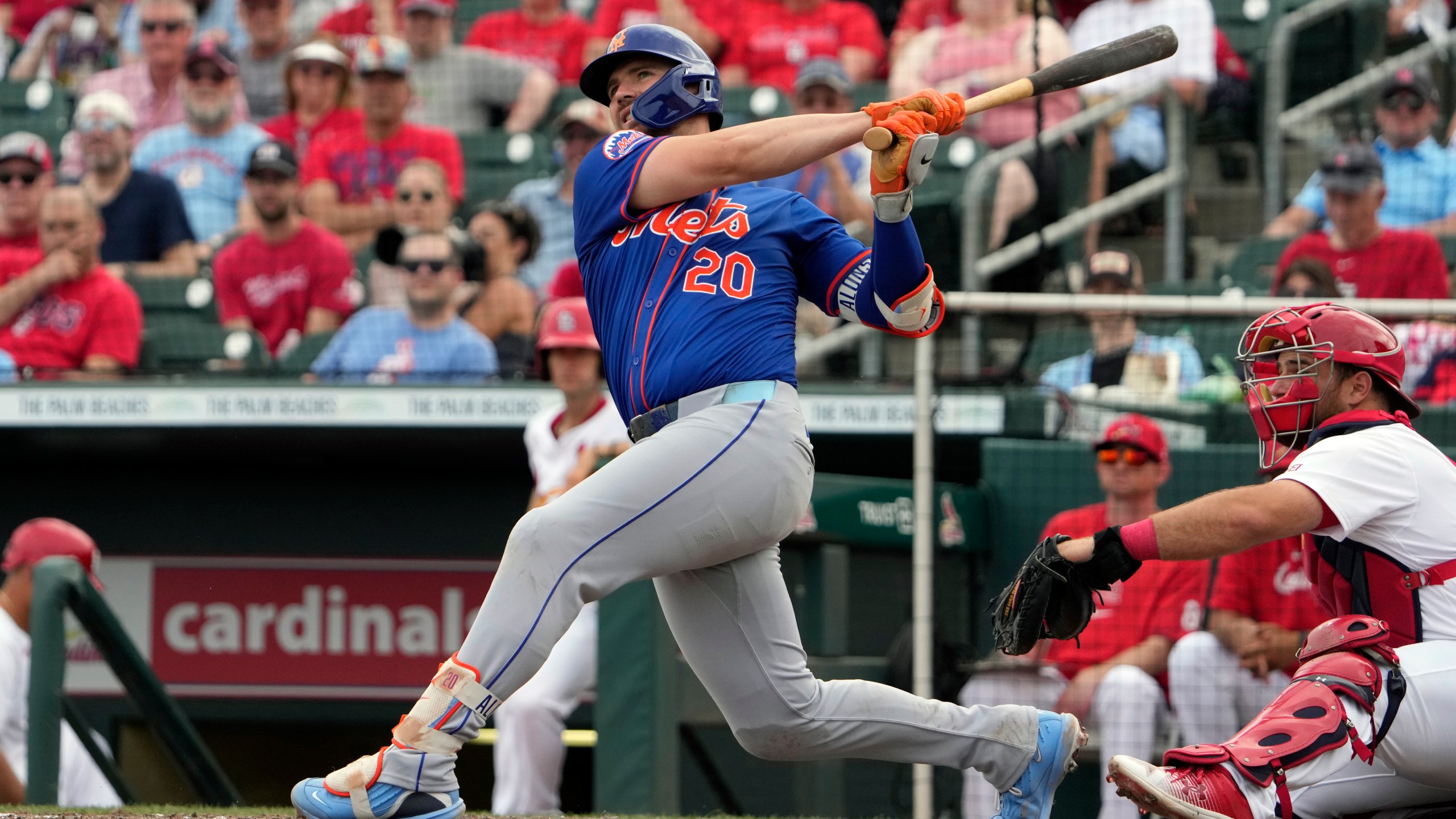 New York Mets' Pete Alonso fouls off a pitch during the sixth inning of a spring training baseball game against the St. Louis Cardinals Friday, March 1, 2024, in Jupiter, Fla. (AP Photo/Jeff Roberson)