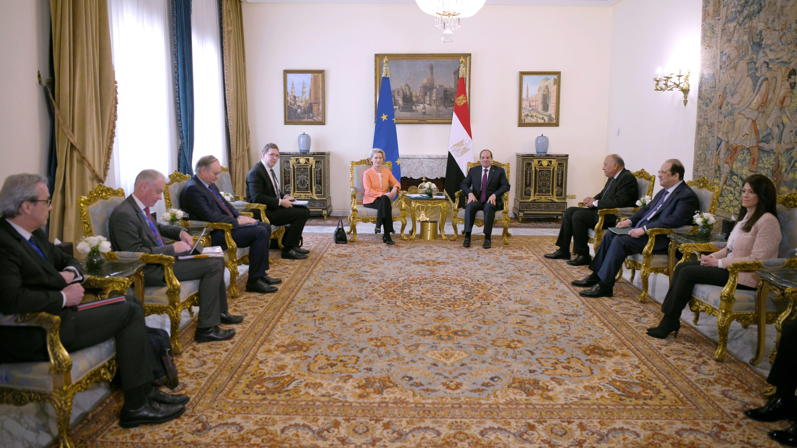 In this photo provided by Egypt's presidency media office, Egyptian President Abdel-Fattah el-Sissi, centre right, meets European Commission president Ursula Von der Leyen, centre left, and her delegations at the Presidential Palace in Cairo, Egypt, Sunday, March 17, 2024. (Egyptian Presidency Media Office via AP)
