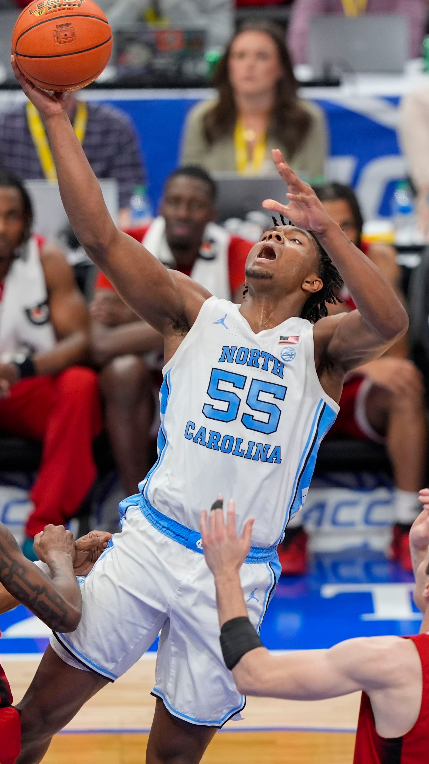 North Carolina forward Harrison Ingram (55) driving to the basket against North Carolina State during the first half of an NCAA college basketball game in the championship of the Atlantic Coast Conference tournament, Saturday, March 16, 2024 in Washington. (AP Photo/Susan Walsh)