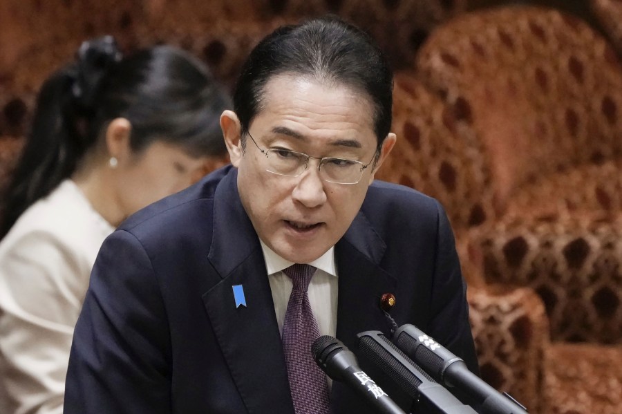 Japanese Prime Minister Fumio Kishida speaks during a parliamentary session of House of Councilors in Tokyo, Monday, March 18, 2024. Kishida told a parliamentary session that North Korea fired “a number of” ballistic missiles into the waters between the Korean Peninsula and Japan. (Kyodo News via AP)