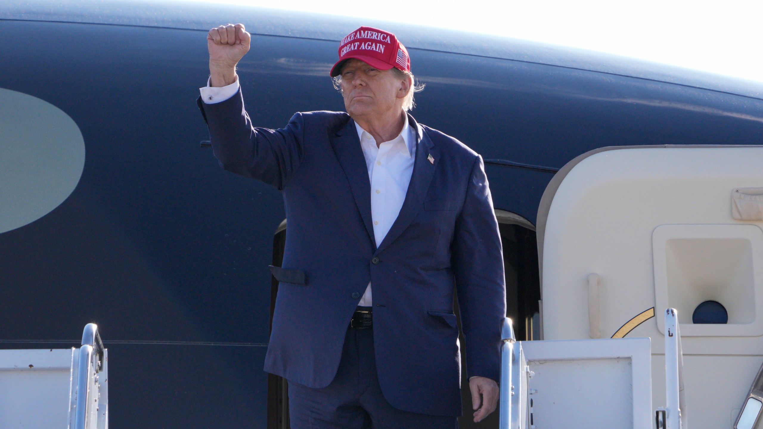 Republican presidential candidate former President Donald Trump gestures towards the crowd at a campaign rally Saturday, March 16, 2024, in Vandalia, Ohio. (AP Photo/Jeff Dean)