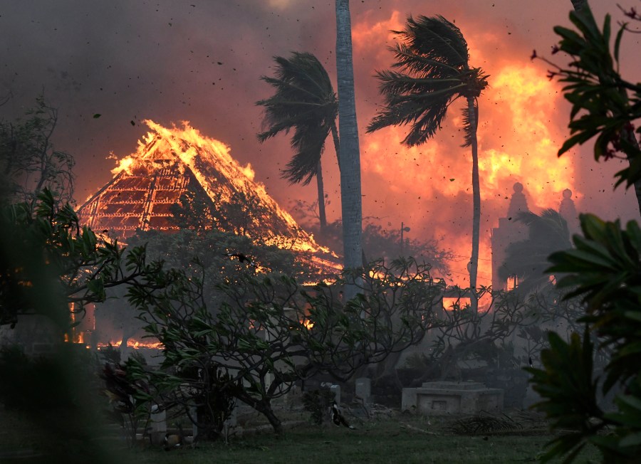 The hall of historic Waiola Church in Lahaina and nearby Lahaina Hongwanji Mission are engulfed in flames along Wainee Street.