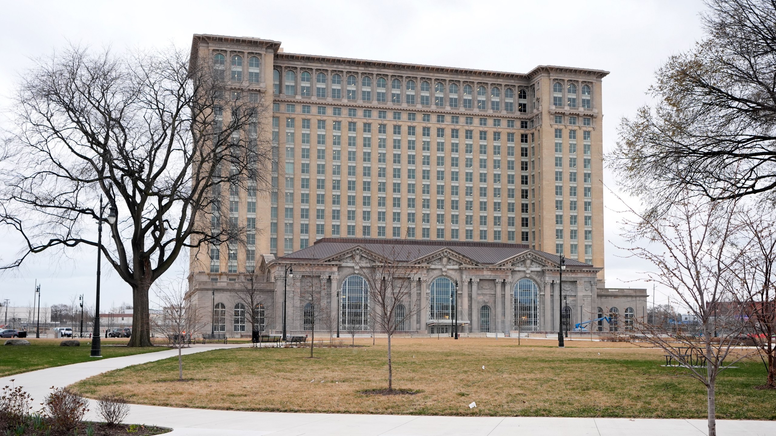 The Michigan Central Station is seen Monday, March 18, 2024, in Detroit. Bill Ford, executive chair of Ford Motor Co., and his wife Lisa Ford are raising $10 million to help ten Detroit nonprofit organizations that serve young people start endowments. Lisa Ford said the campaign comes alongside Ford's investment in the refurbishment of the long abandoned train station. (AP Photo/Carlos Osorio)