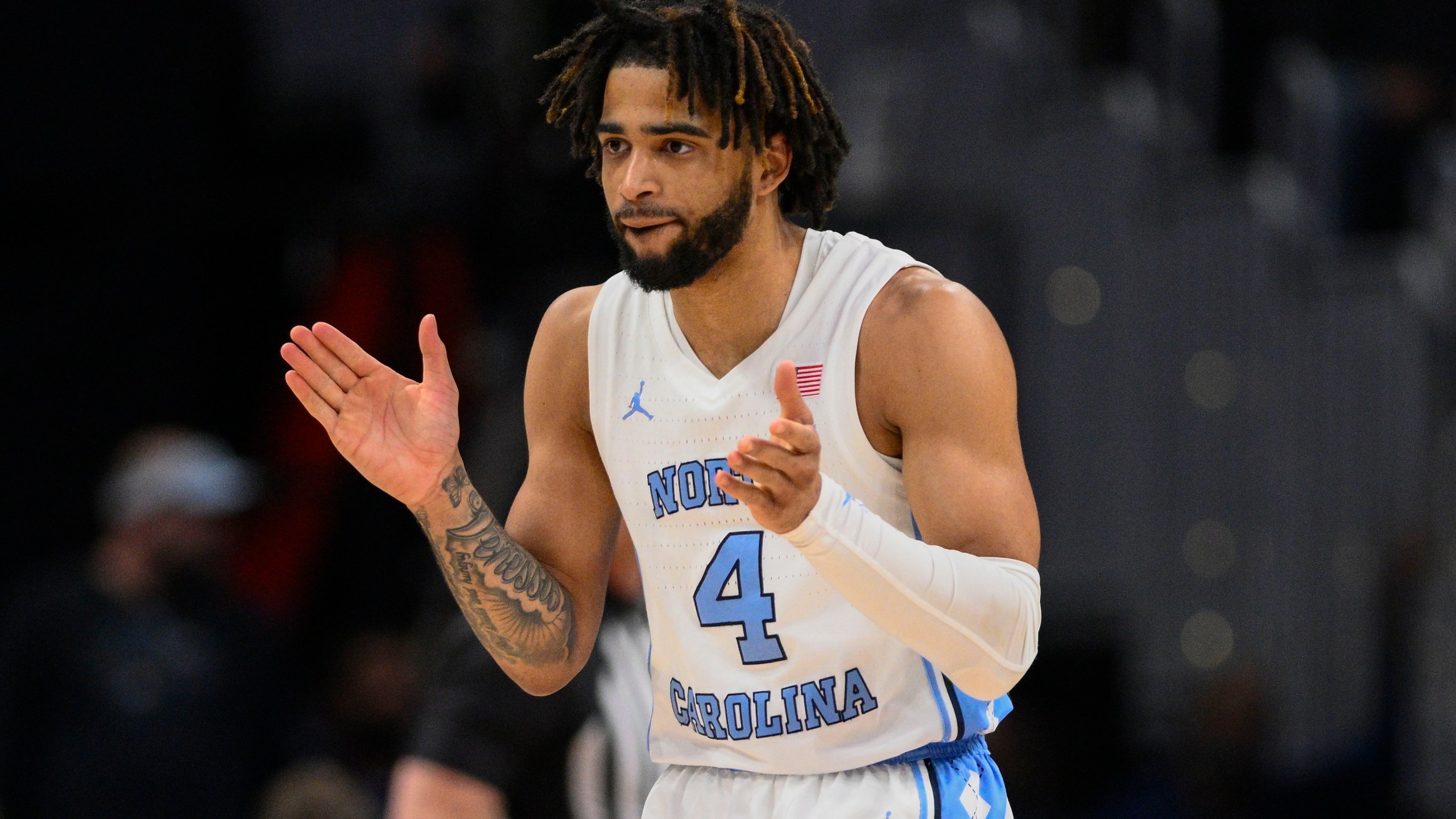 North Carolina guard RJ Davis (4) reacts during the second half of an NCAA college basketball game against Pittsburgh in the semifinal round of the Atlantic Coast Conference tournament Friday, March 15, 2024, in Washington. (AP Photo/Nick Wass)